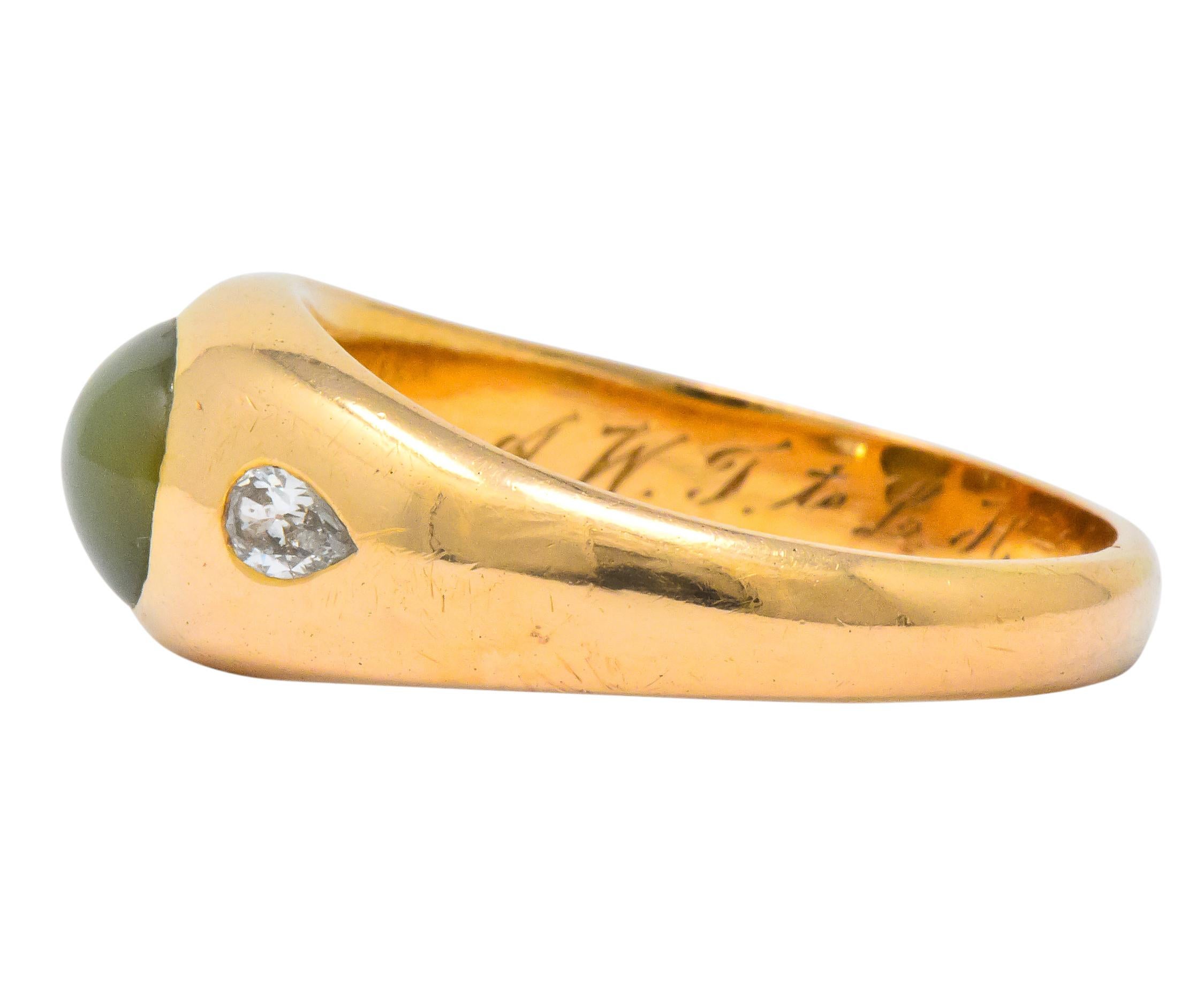 Art Nouveau Cat's Eye Chrysoberyl Diamond 14 Karat Gold Unisex Ring 2