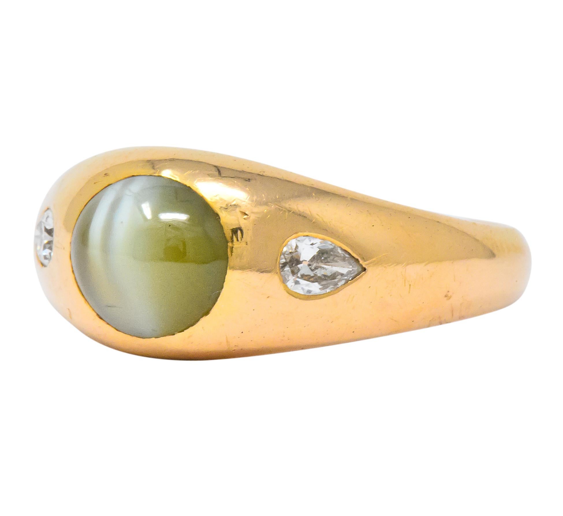 Art Nouveau Cat's Eye Chrysoberyl Diamond 14 Karat Gold Unisex Ring 3