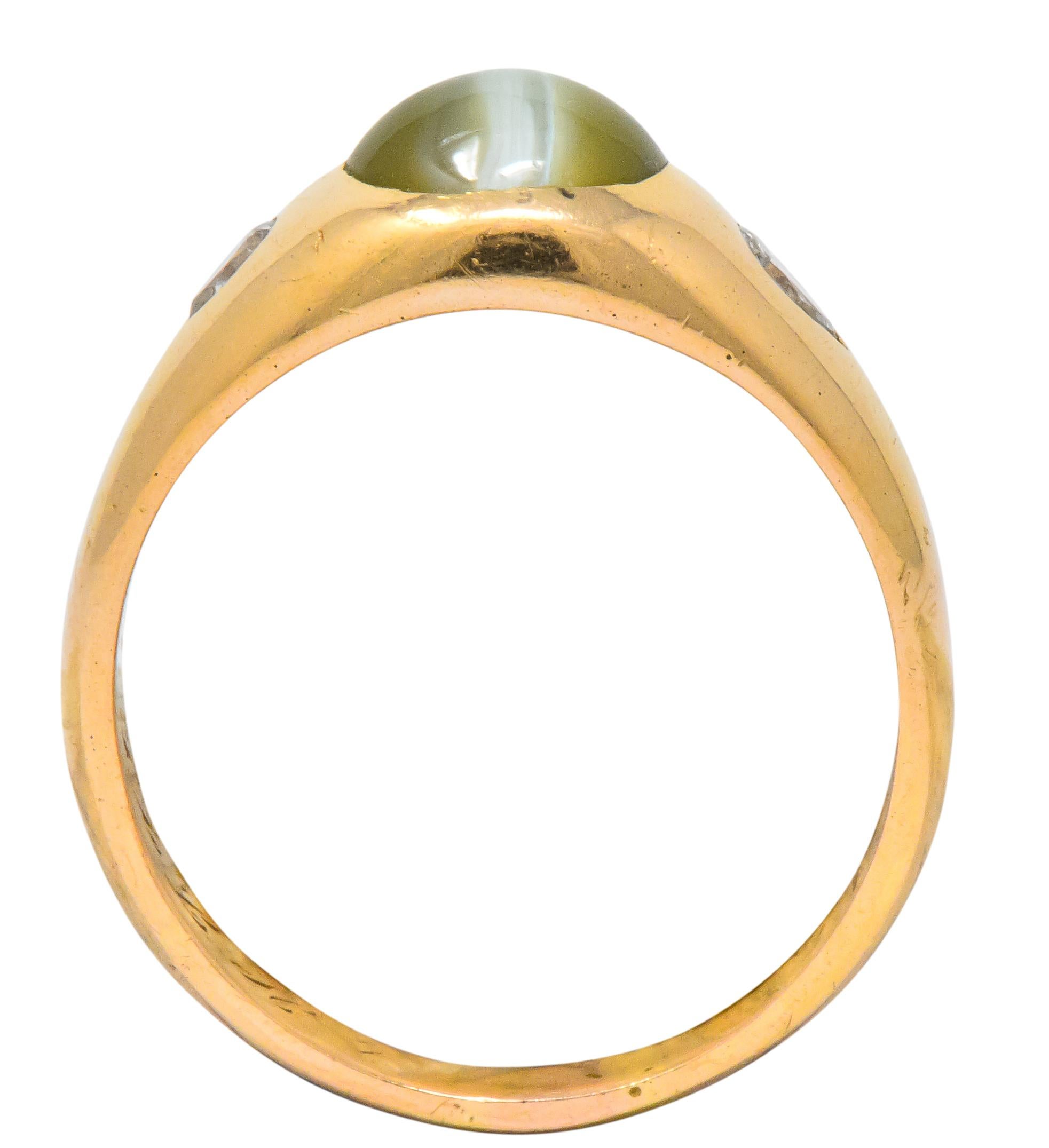 Art Nouveau Cat's Eye Chrysoberyl Diamond 14 Karat Gold Unisex Ring 4
