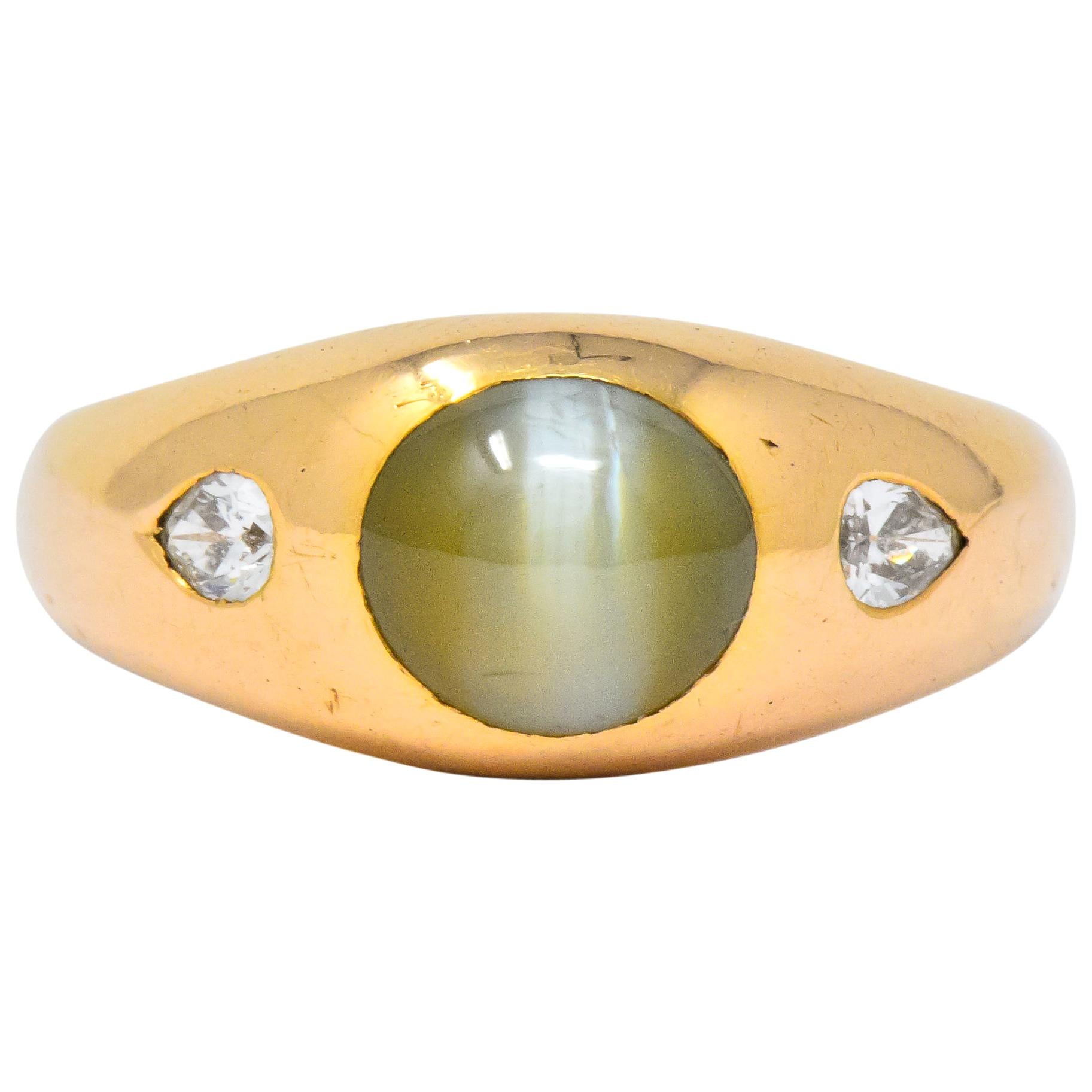 Art Nouveau Cat's Eye Chrysoberyl Diamond 14 Karat Gold Unisex Ring