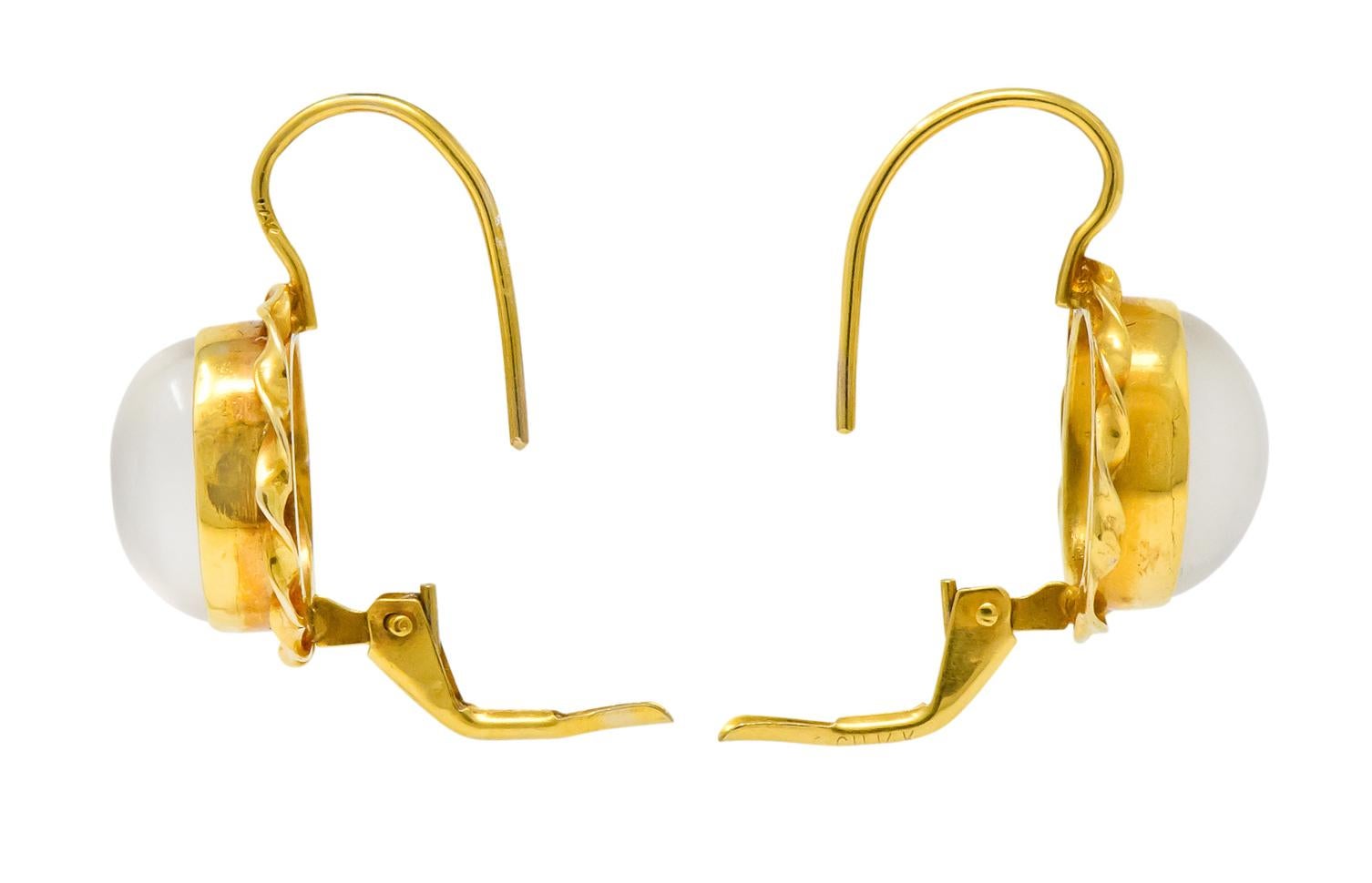 Women's or Men's Art Nouveau Cats Eye Moonstone Cabochon 14 Karat Yellow Gold Earrings