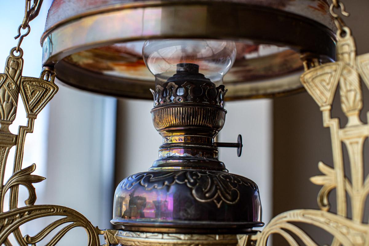 Art Nouveau Ceiling Kerosene Lamp with Hand-Painted Shade, circa 1898 5