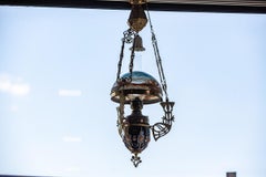 Art Nouveau Ceiling Kerosene Lamp with Hand-Painted Shade, circa 1898