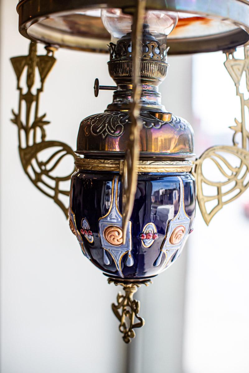 Art Nouveau Ceiling Kerosene Lamp with Hand-Painted Shade, circa 1898 In Good Condition In Opole, PL