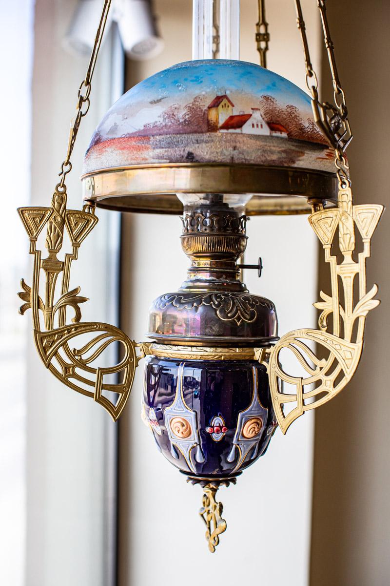 Glass Art Nouveau Ceiling Kerosene Lamp with Hand-Painted Shade, circa 1898