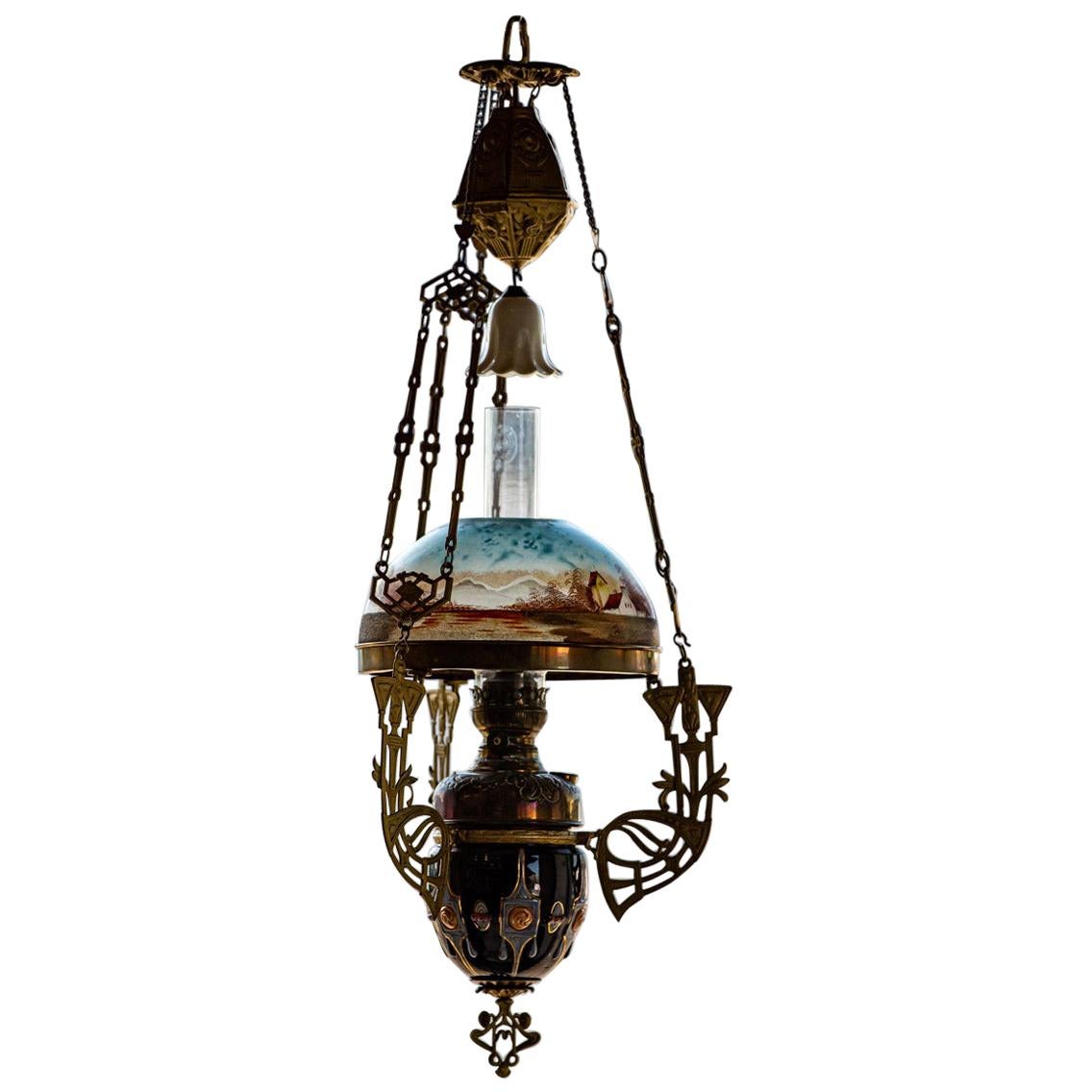 Art Nouveau Ceiling Kerosene Lamp with Hand-Painted Shade, circa 1898