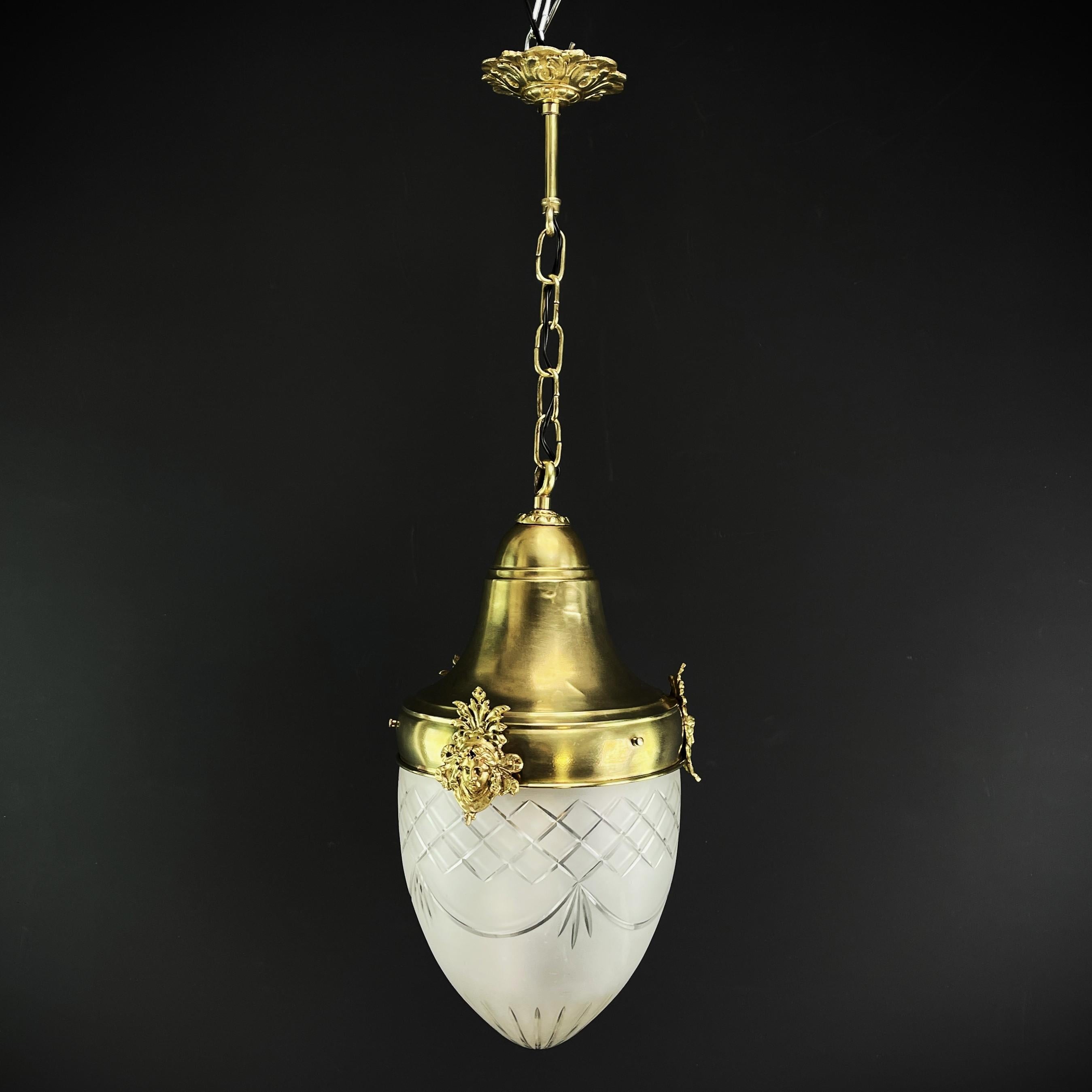French Art Nouveau Ceiling Lamp Bronze, Hanging Lamp Teardrop Shape, 1900s For Sale