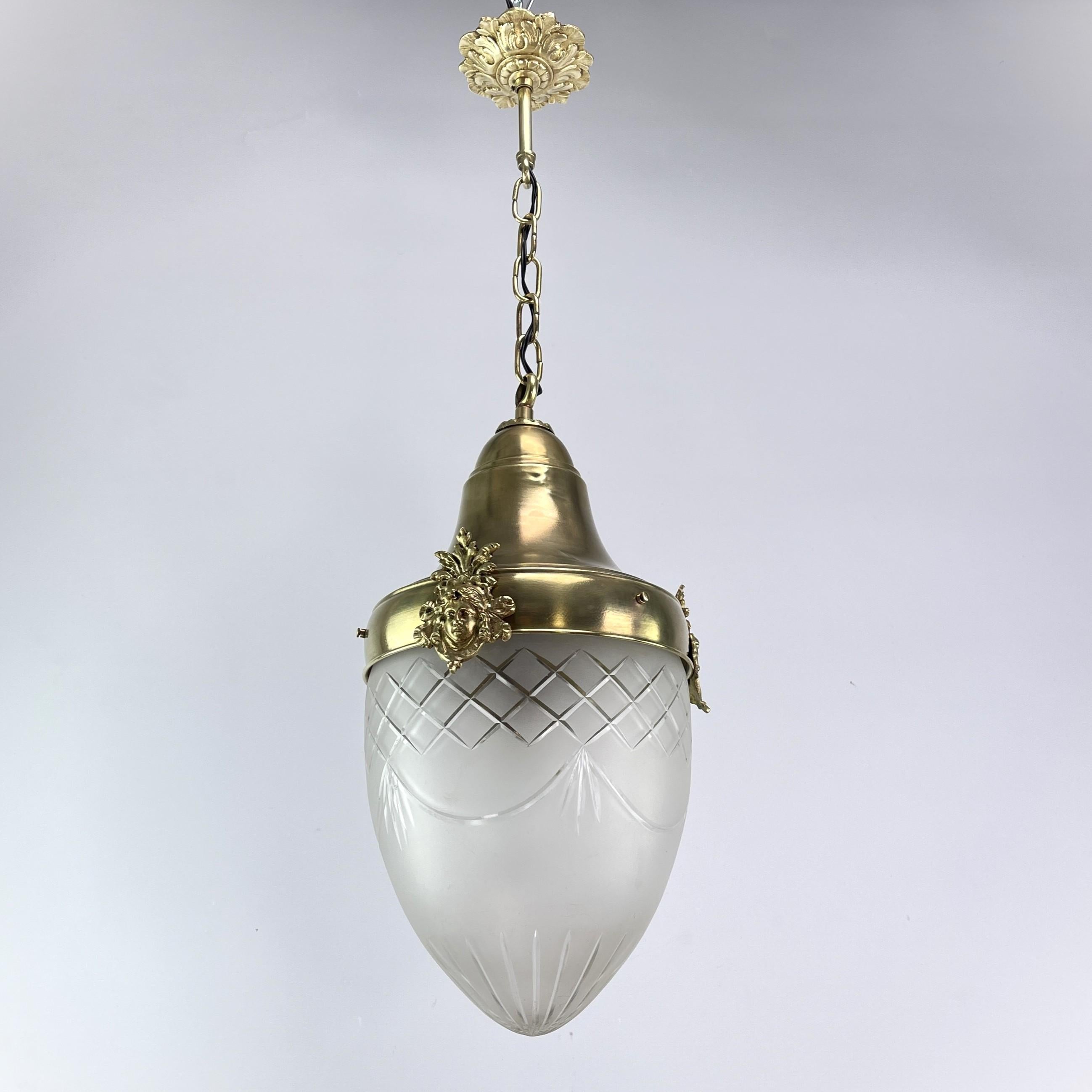 Brass Art Nouveau Ceiling Lamp Bronze, Hanging Lamp Teardrop Shape, 1900s For Sale