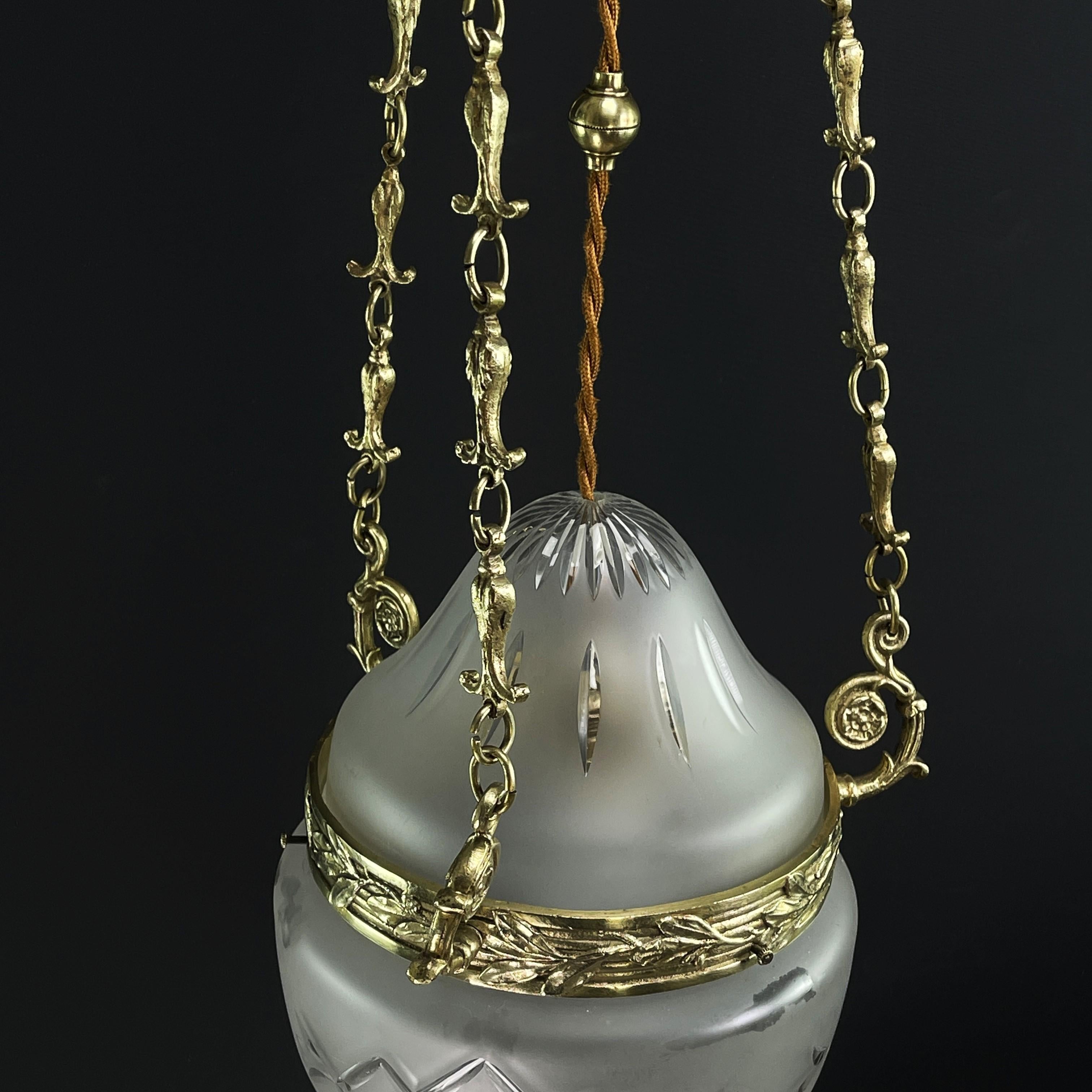 Art Nouveau Ceiling Lamp Bronze, Hanging Lamp Teardrop Shape, 1900s For Sale 2