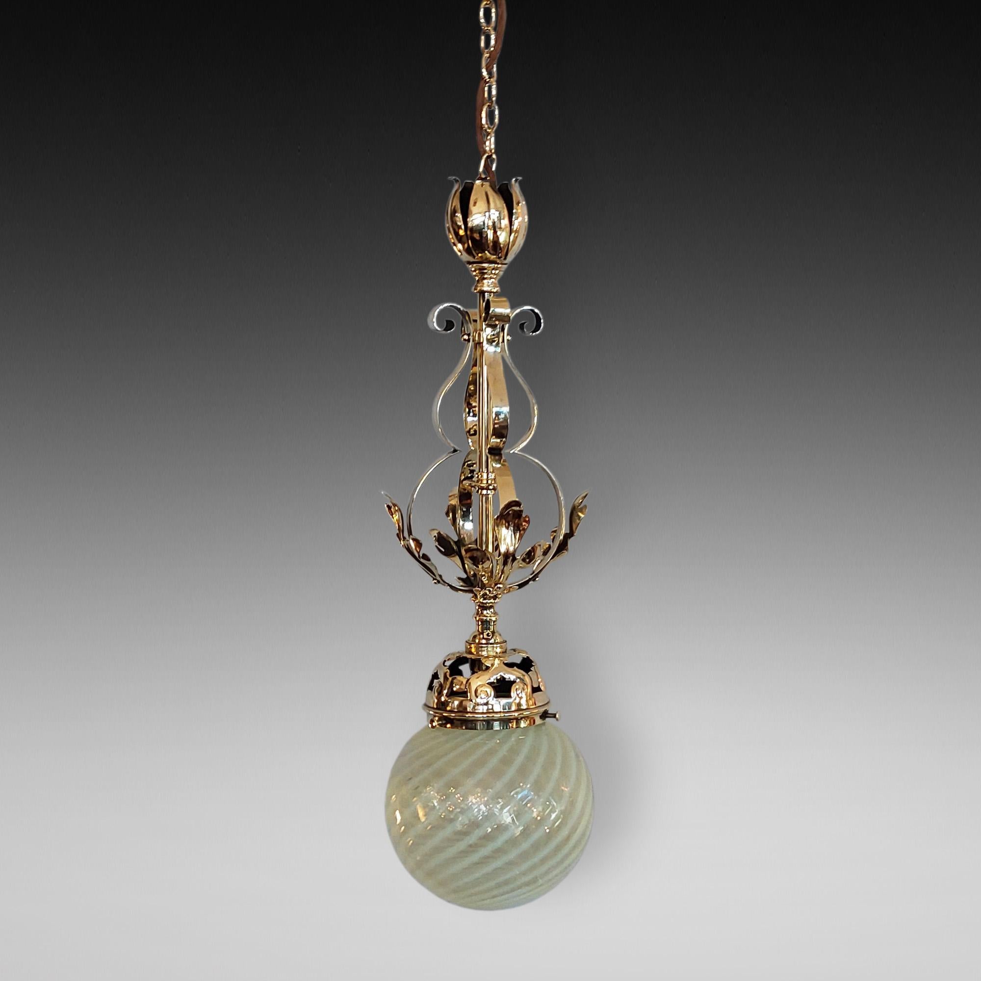 Art Nouveau Ceiling Lamp with Green Glass Bulb Cover supported on Brass Frame decorated with Tulip Leaves - 7