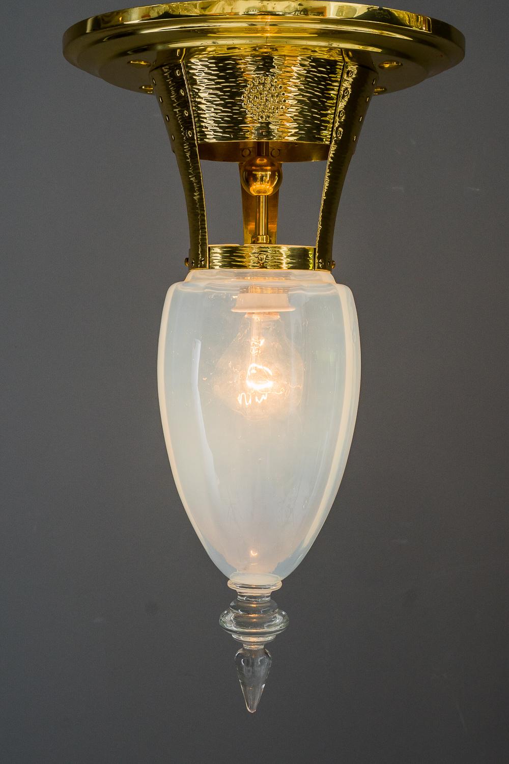 Brass Art Nouveau Ceiling Lamp with Opaline Glass Shade Partially Hammered