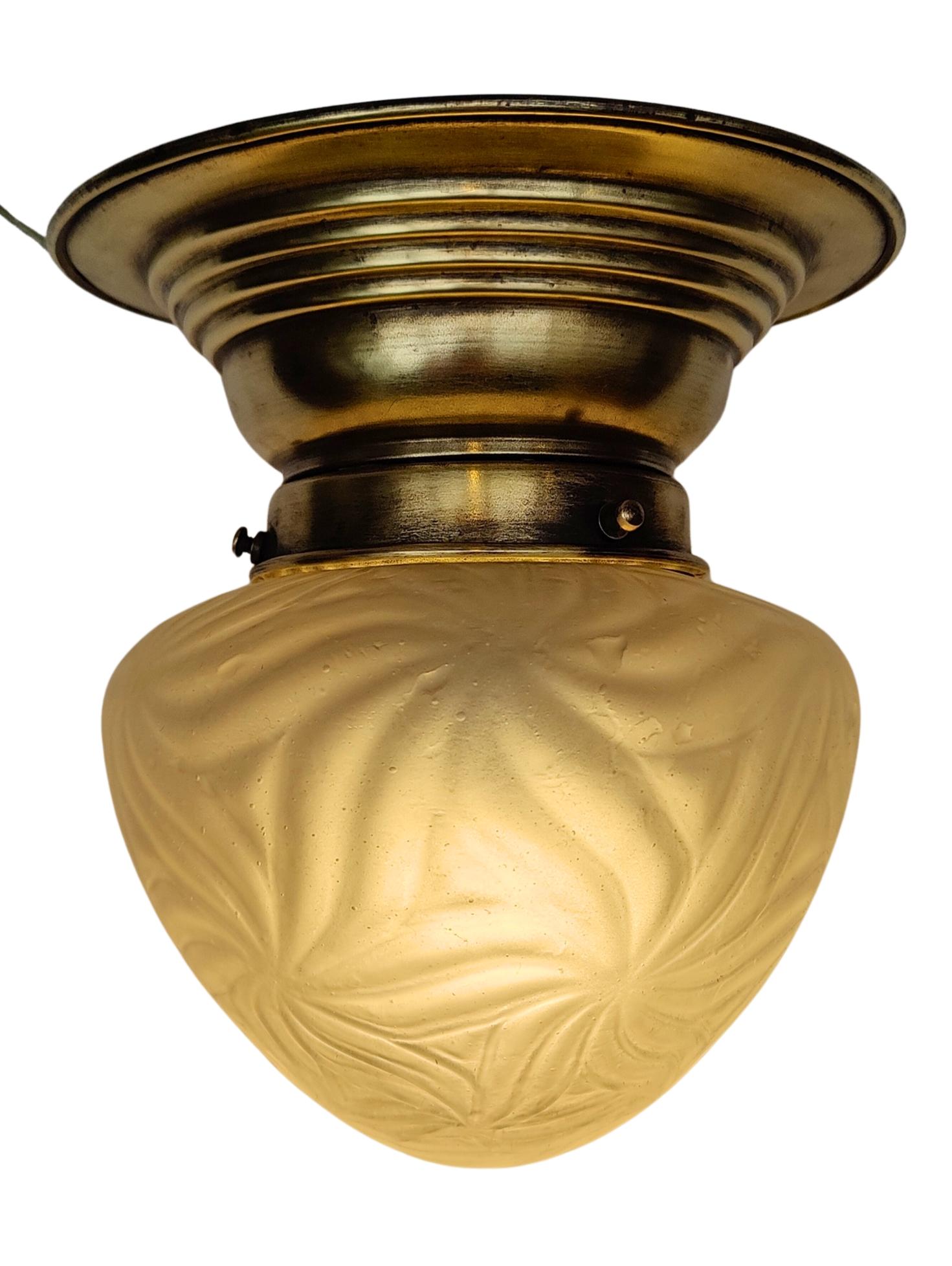 Art Nouveau Ceiling Light in Brass with Etched Glass Shade, Germany circa 1910 In Good Condition For Sale In Darmstadt, DE