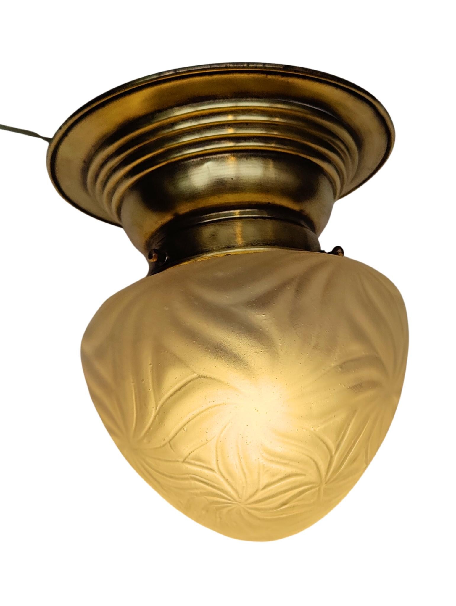 20th Century Art Nouveau Ceiling Light in Brass with Etched Glass Shade, Germany circa 1910 For Sale