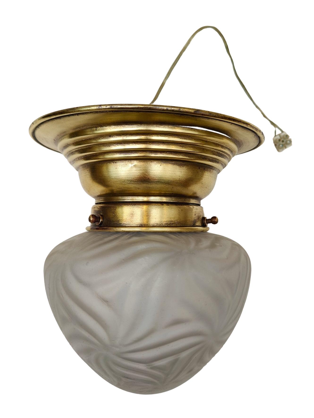 Art Nouveau Ceiling Light in Brass with Etched Glass Shade, Germany circa 1910 For Sale 2