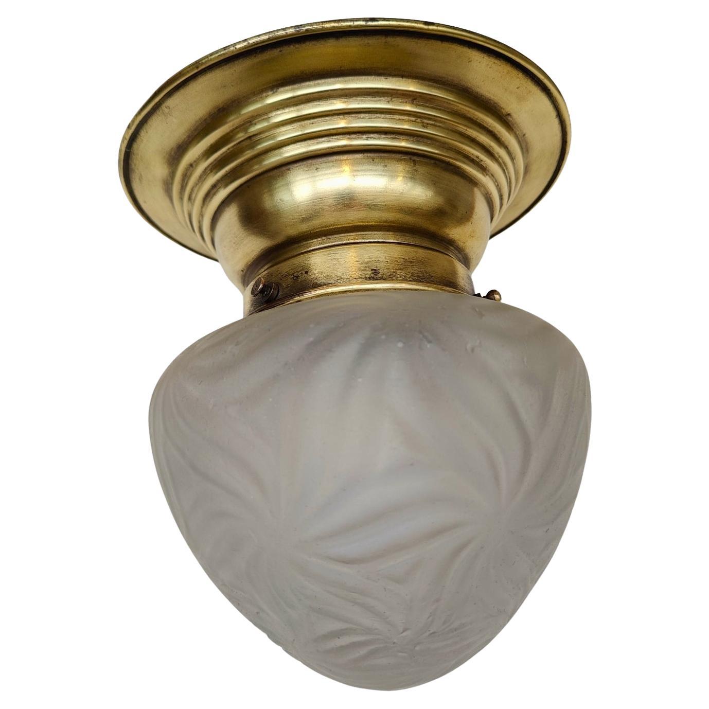 Art Nouveau Ceiling Light in Brass with Etched Glass Shade, Germany circa 1910