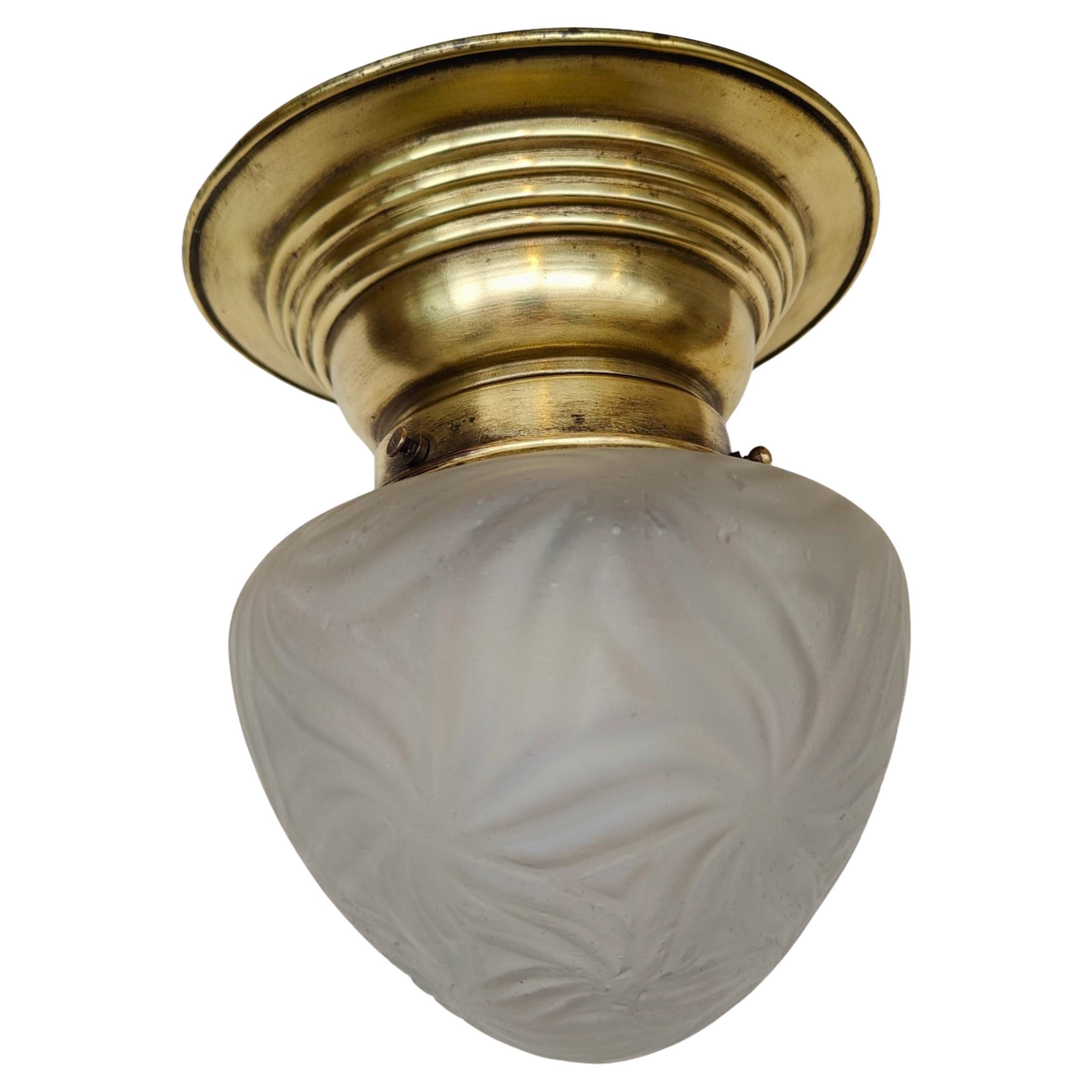 Art Nouveau Ceiling Light in Brass with Etched Glass Shade, Germany circa 1910