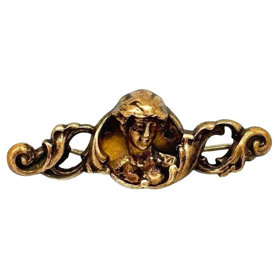 Art Nouveau Celestial Nymph Female Cameo Brass Brooch