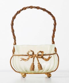 Art Nouveau Center Table Piece Green Opalescent Glass and Brass Jewel Frame