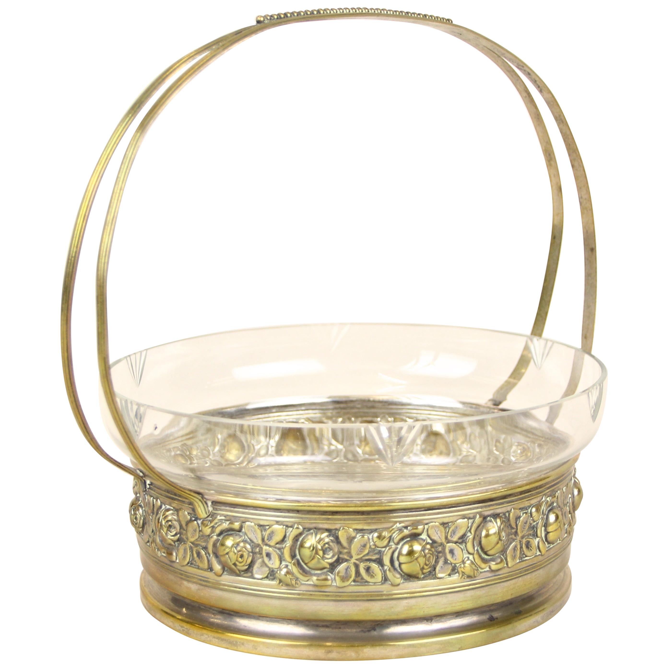 Art Nouveau Centerpiece with Glass Bowl in Brass Basket, Austria, circa 1910  For Sale