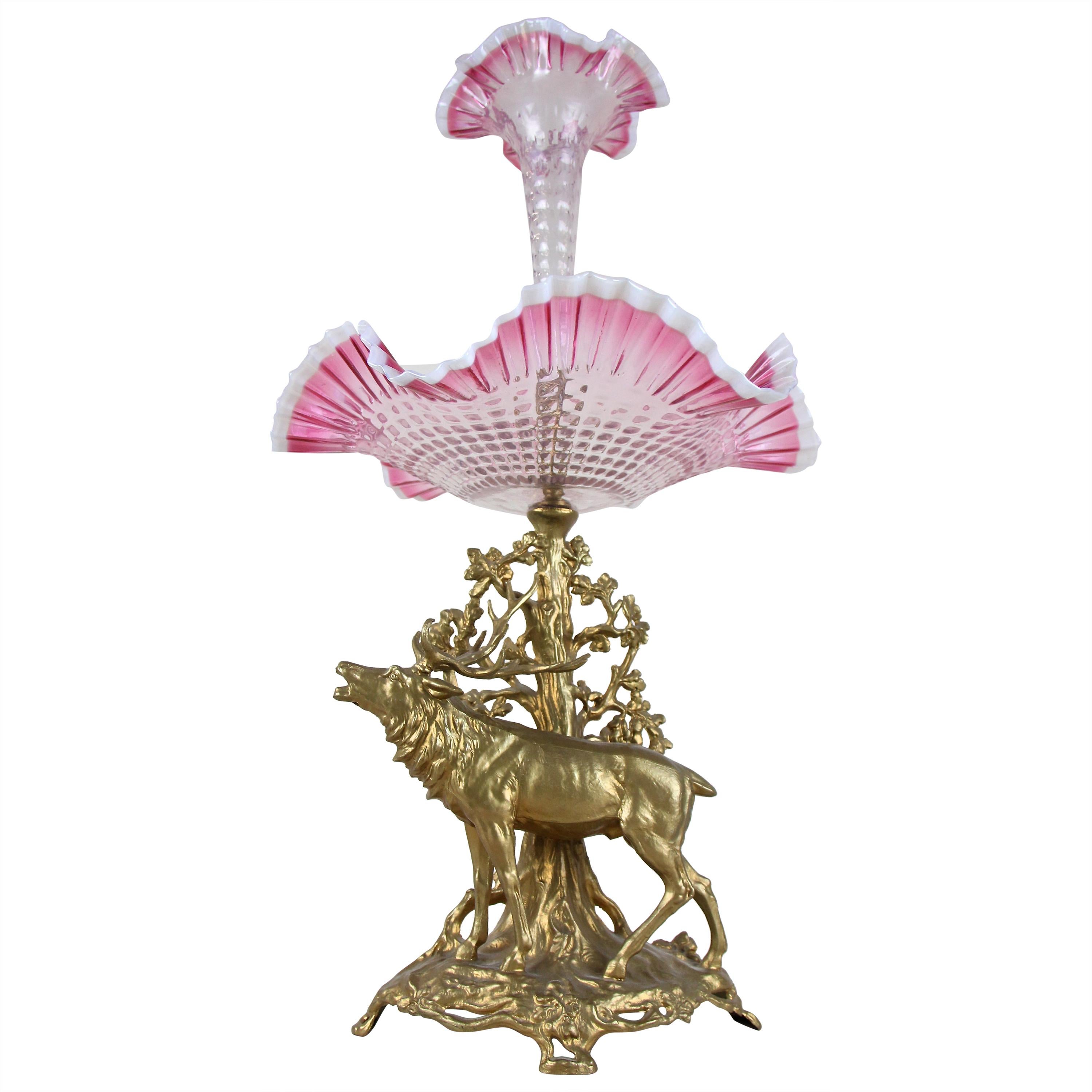 Art Nouveau Centerpiece with Stag Frilly Glass Bowl or Vase, Austria, circa 1900 For Sale
