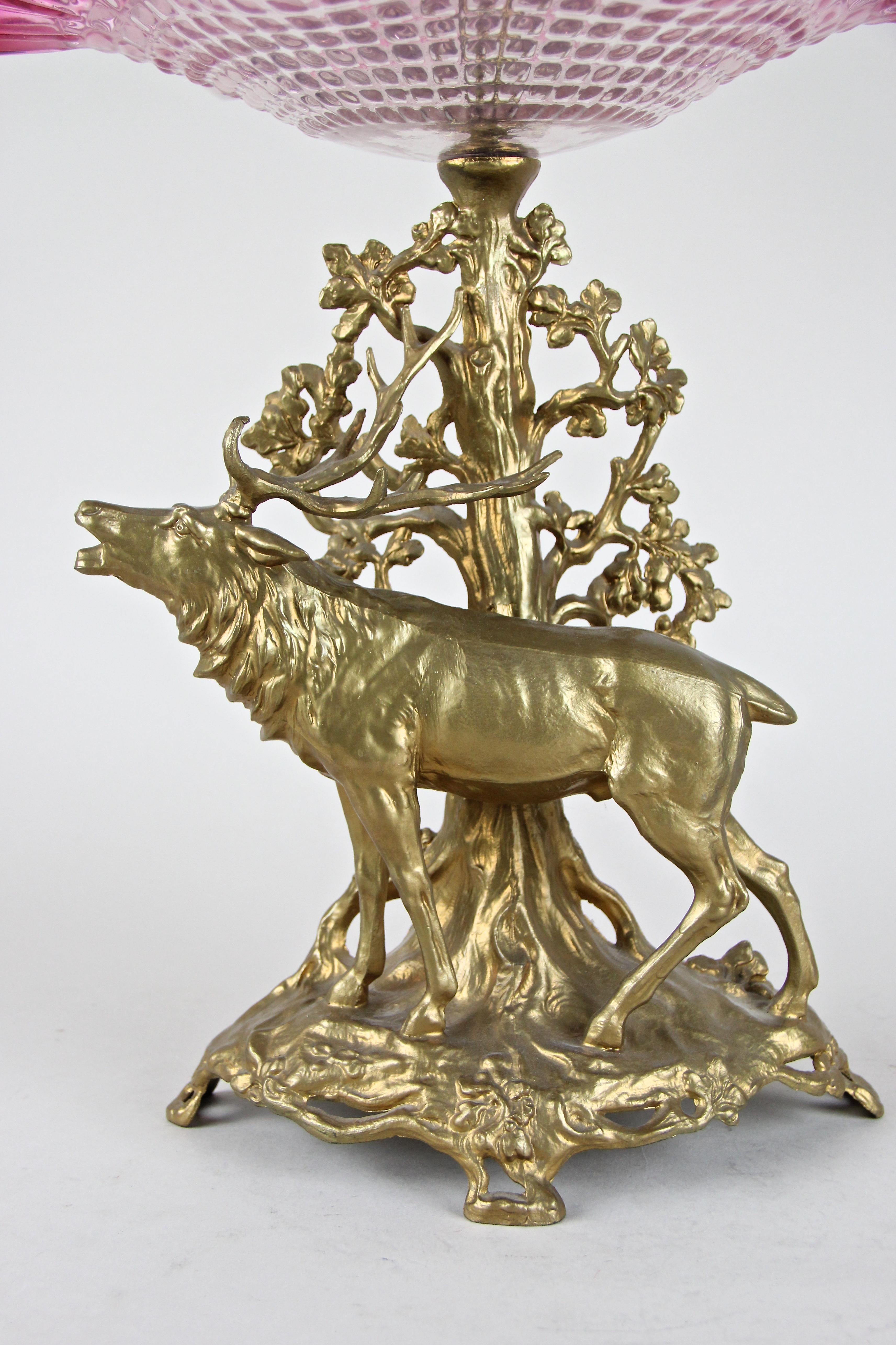 Art Nouveau Centerpiece with Stag Frilly Glass Bowl or Vase, Austria, circa 1900 For Sale 3
