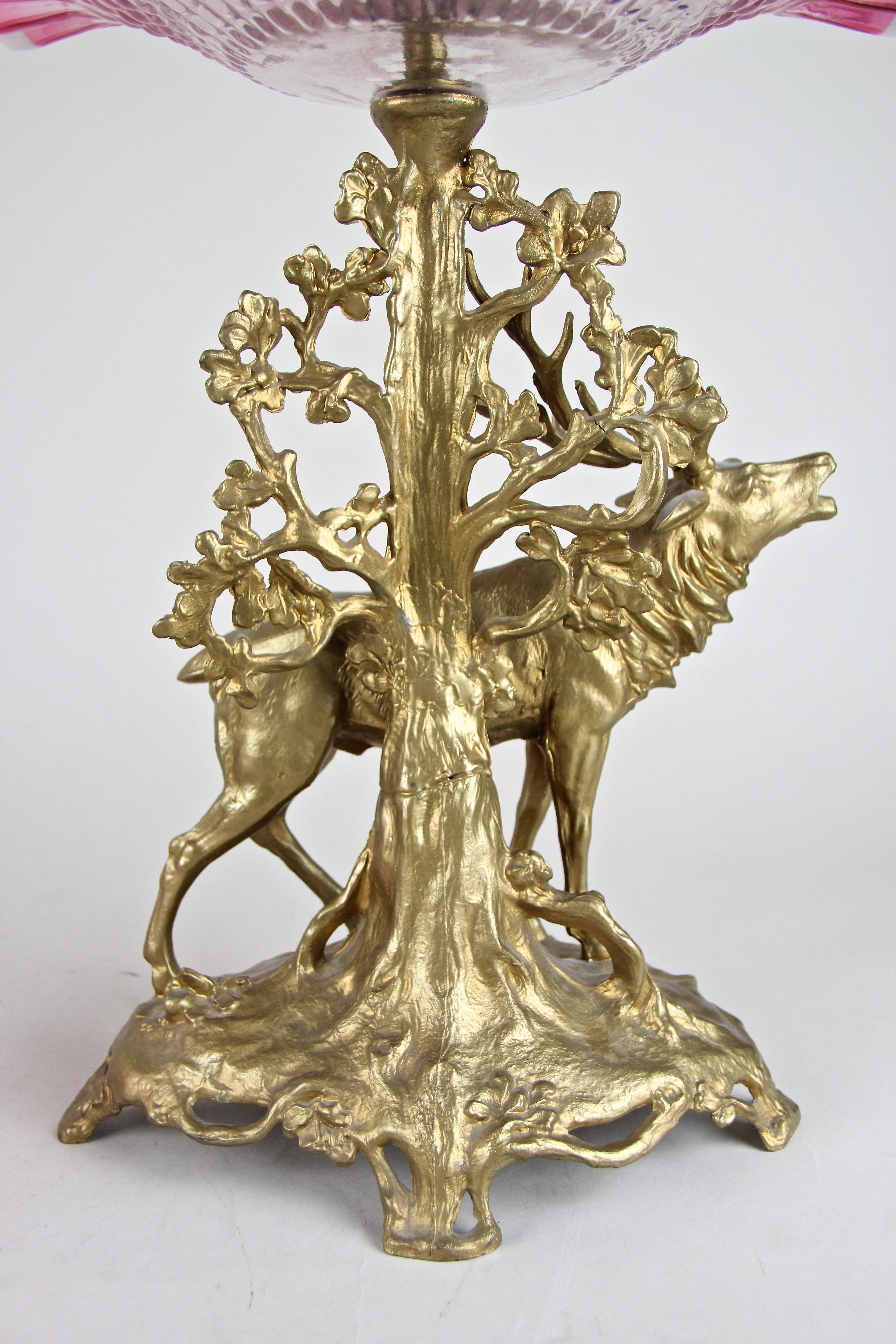 Art Nouveau Centerpiece with Stag Frilly Glass Bowl or Vase, Austria, circa 1900 11