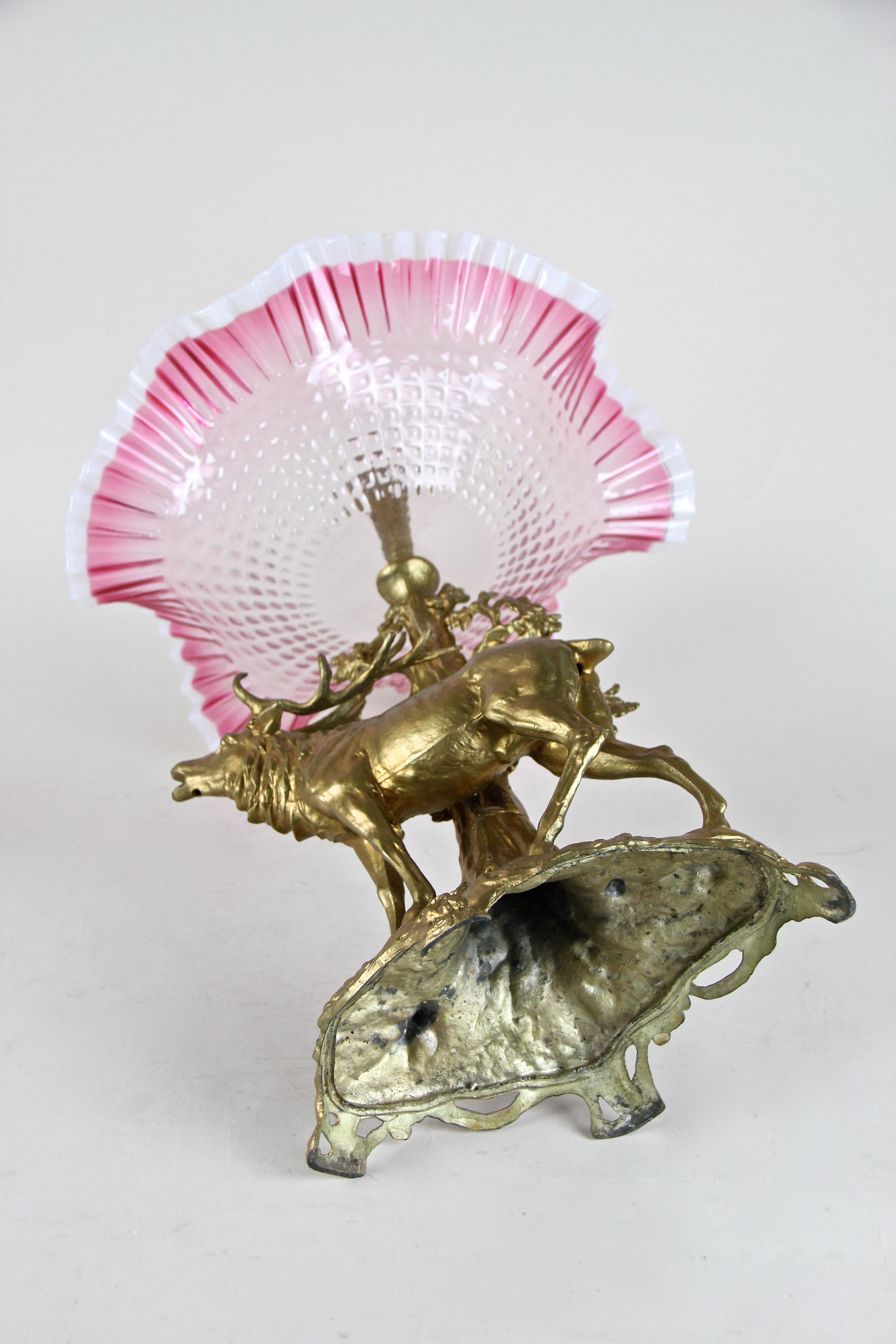 Art Nouveau Centerpiece with Stag Frilly Glass Bowl or Vase, Austria, circa 1900 For Sale 13