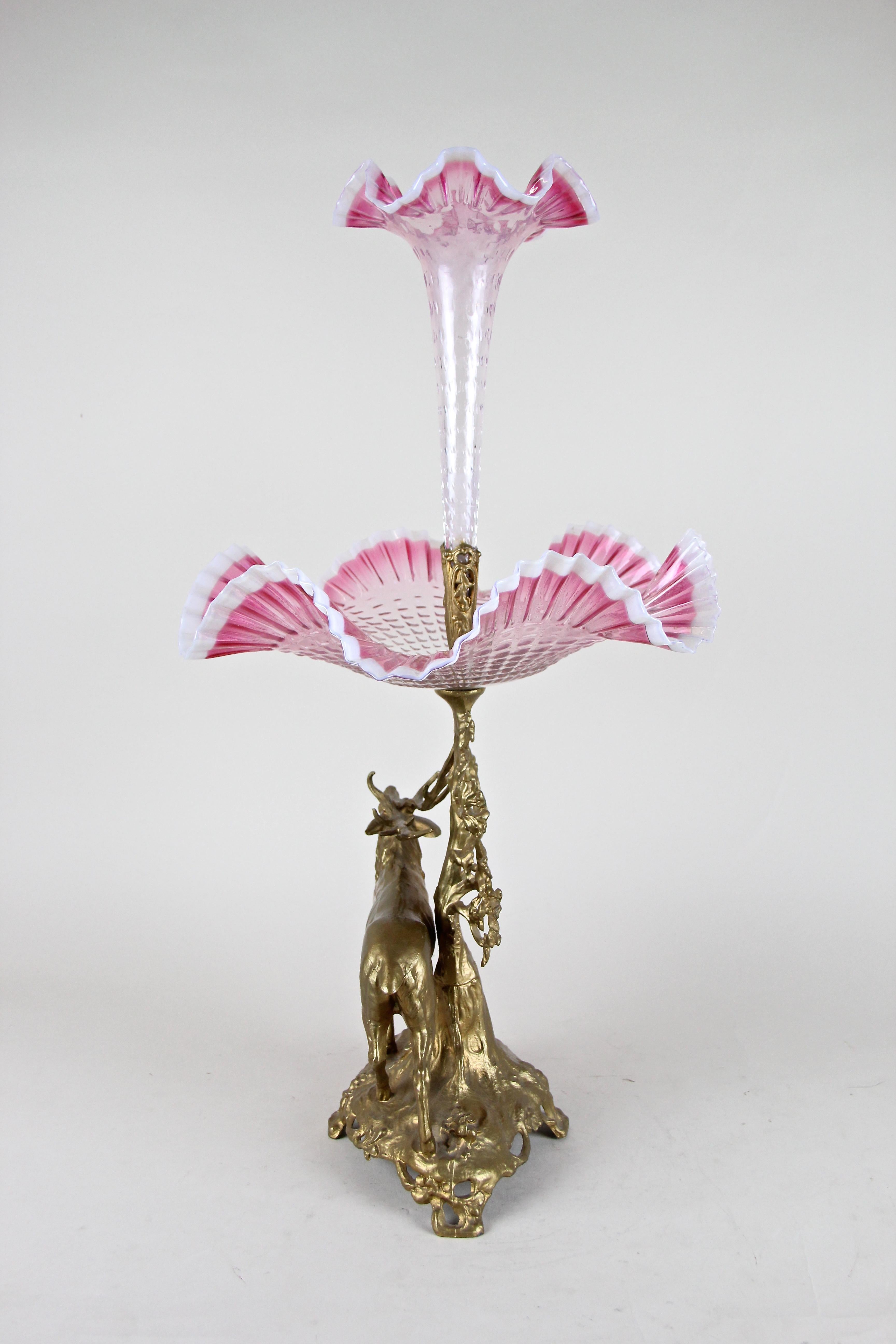 Bronzed Art Nouveau Centerpiece with Stag Frilly Glass Bowl or Vase, Austria, circa 1900 For Sale