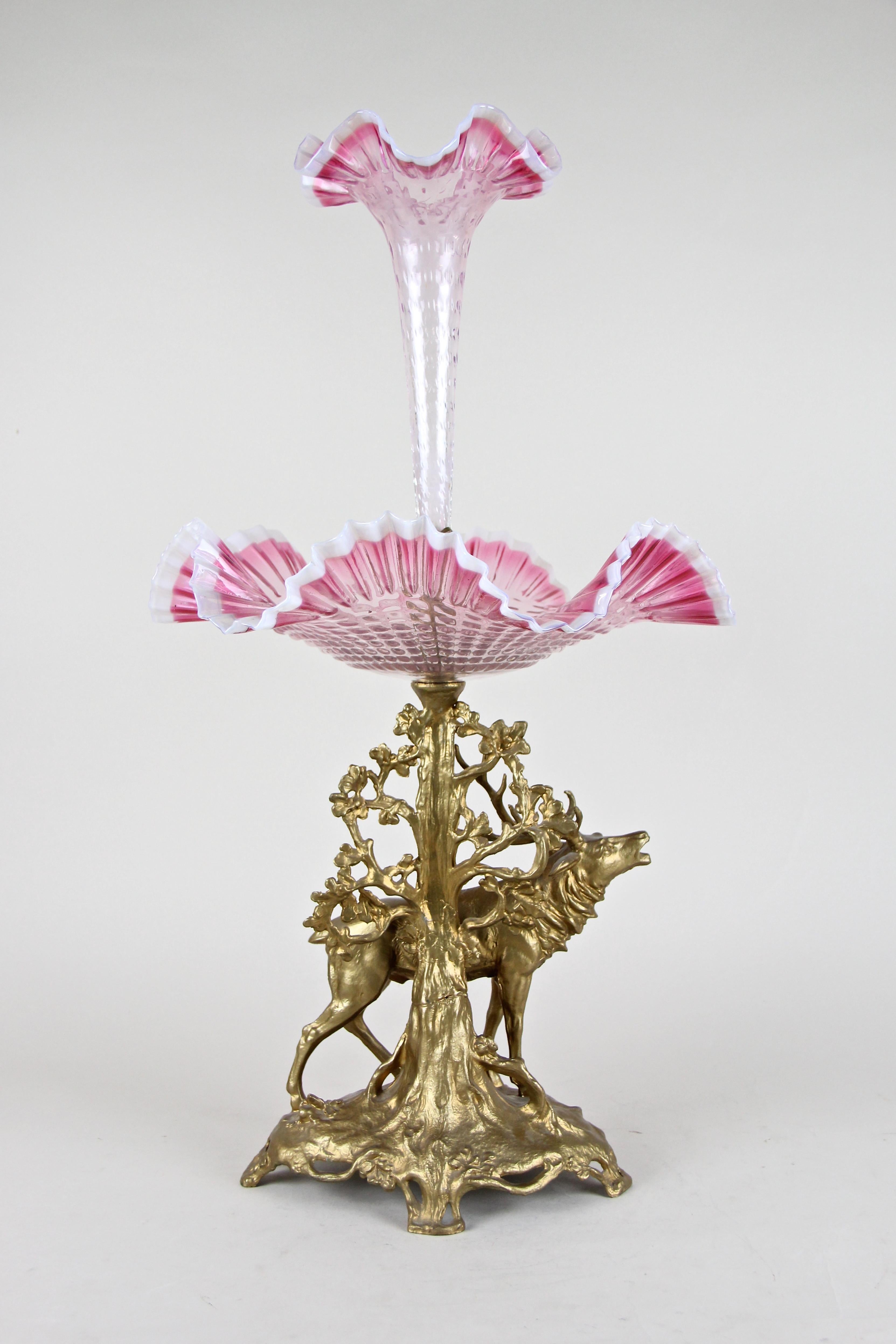 Blown Glass Art Nouveau Centerpiece with Stag Frilly Glass Bowl or Vase, Austria, circa 1900 For Sale