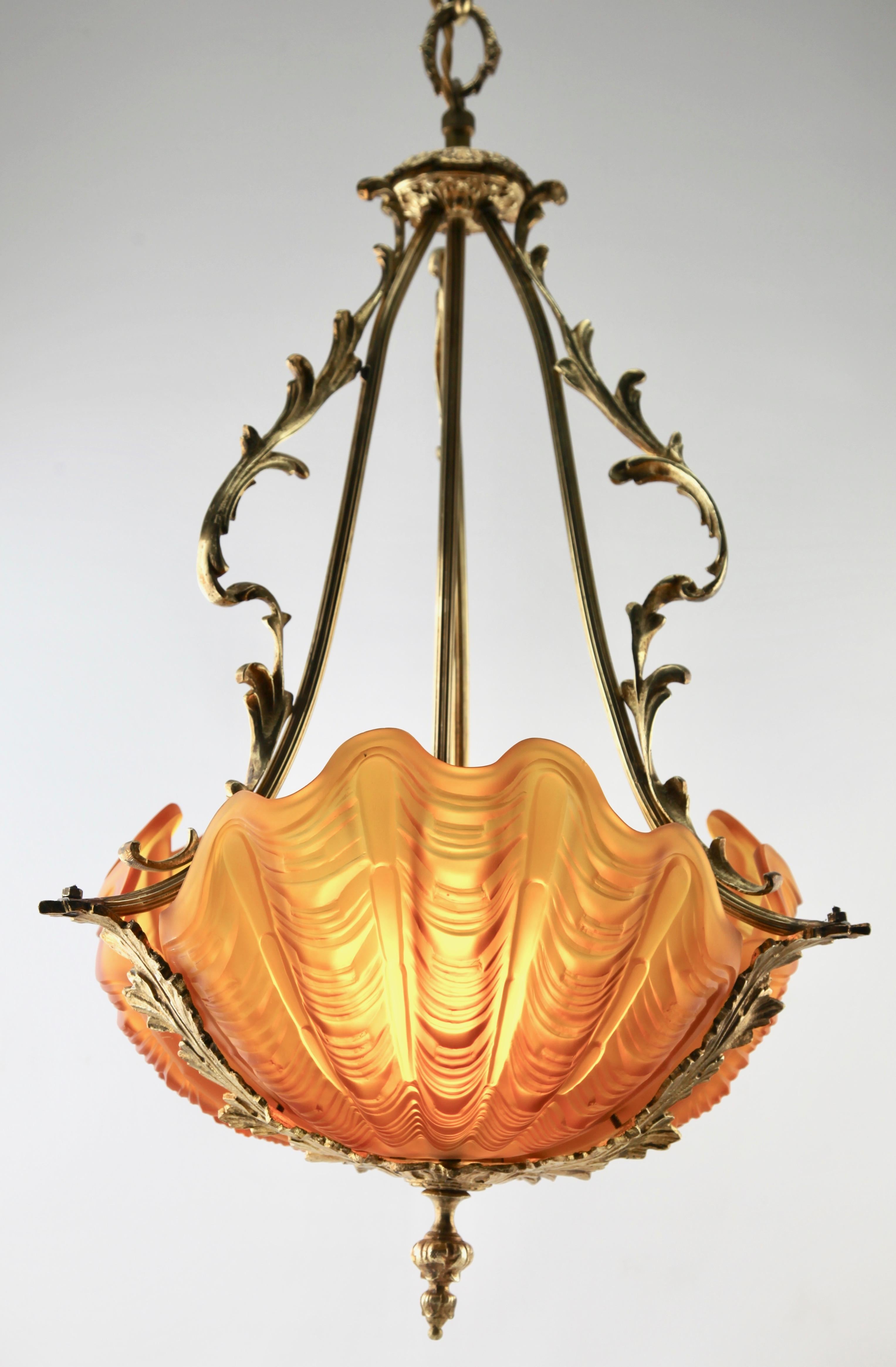 French Art Nouveau Central Pendant Lamp Whit Three Clam Shells and Framework of Brass