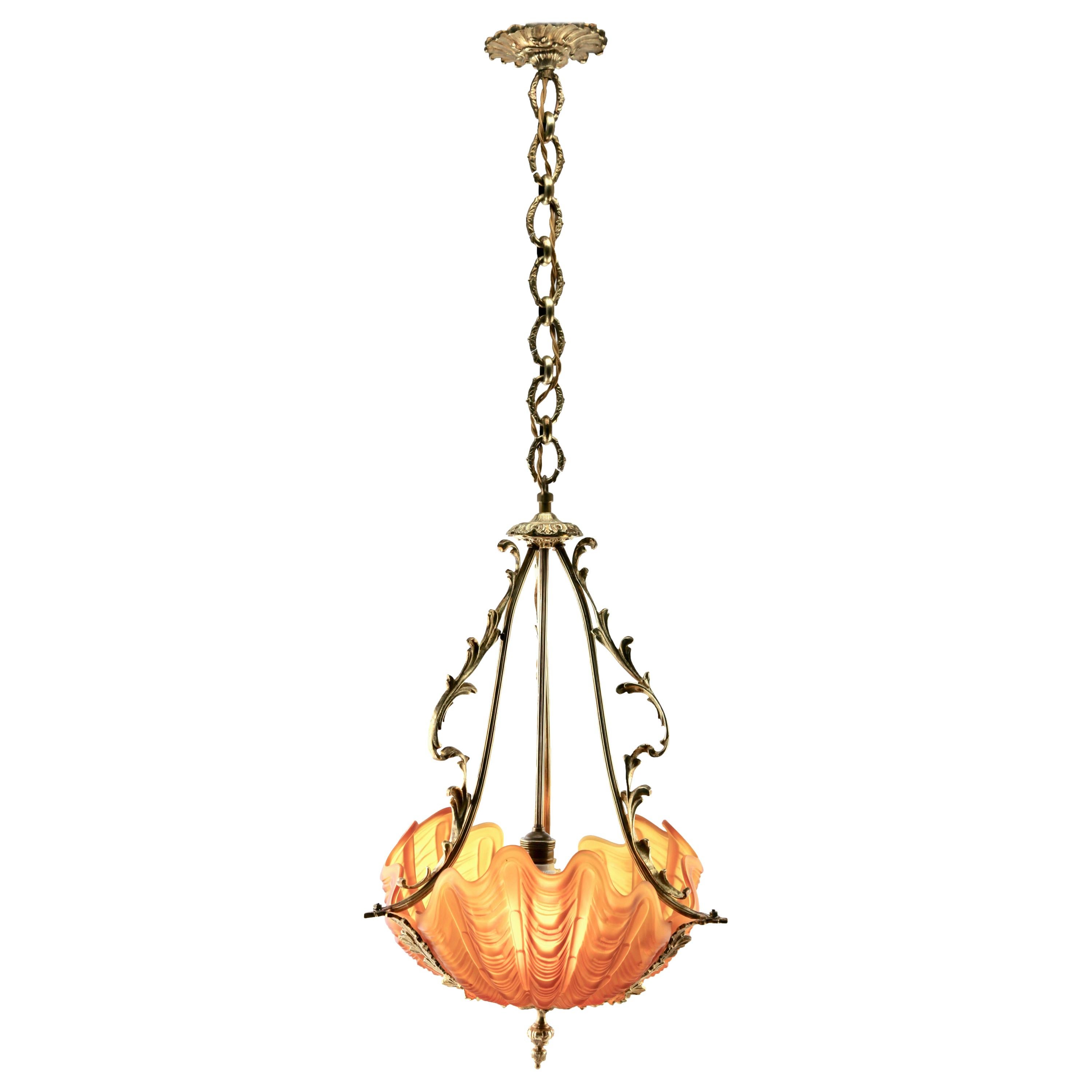 Art Nouveau Central Pendant Lamp Whit Three Clam Shells and Framework of Brass