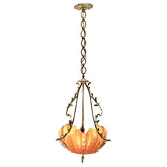 Antique Art Nouveau Central Pendant Lamp Whit Three Clam Shells and Framework of Brass