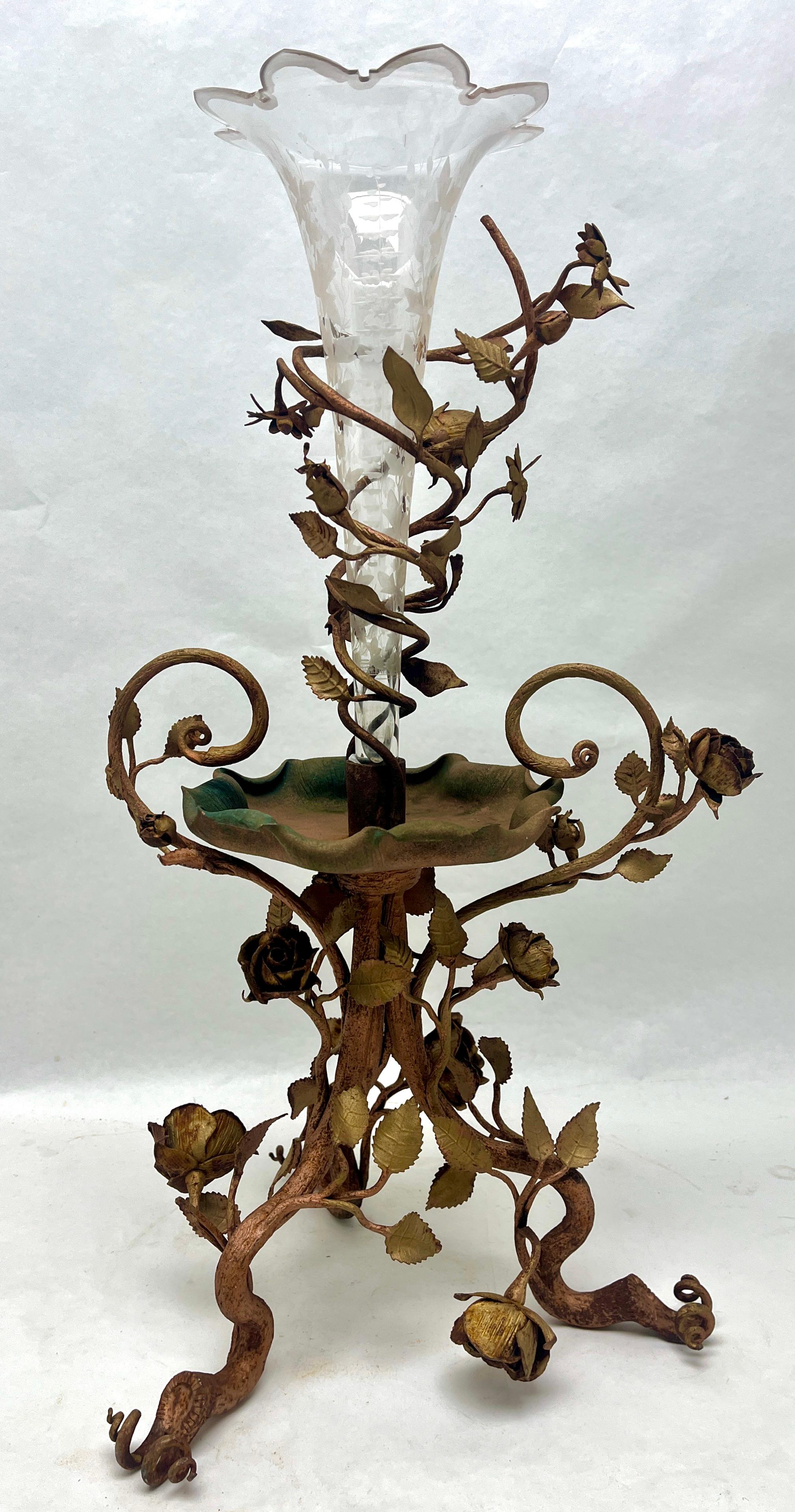 Art Nouveau Centrepiece Crystal Trumpet stem Vase Engraved with Floral Motif 3