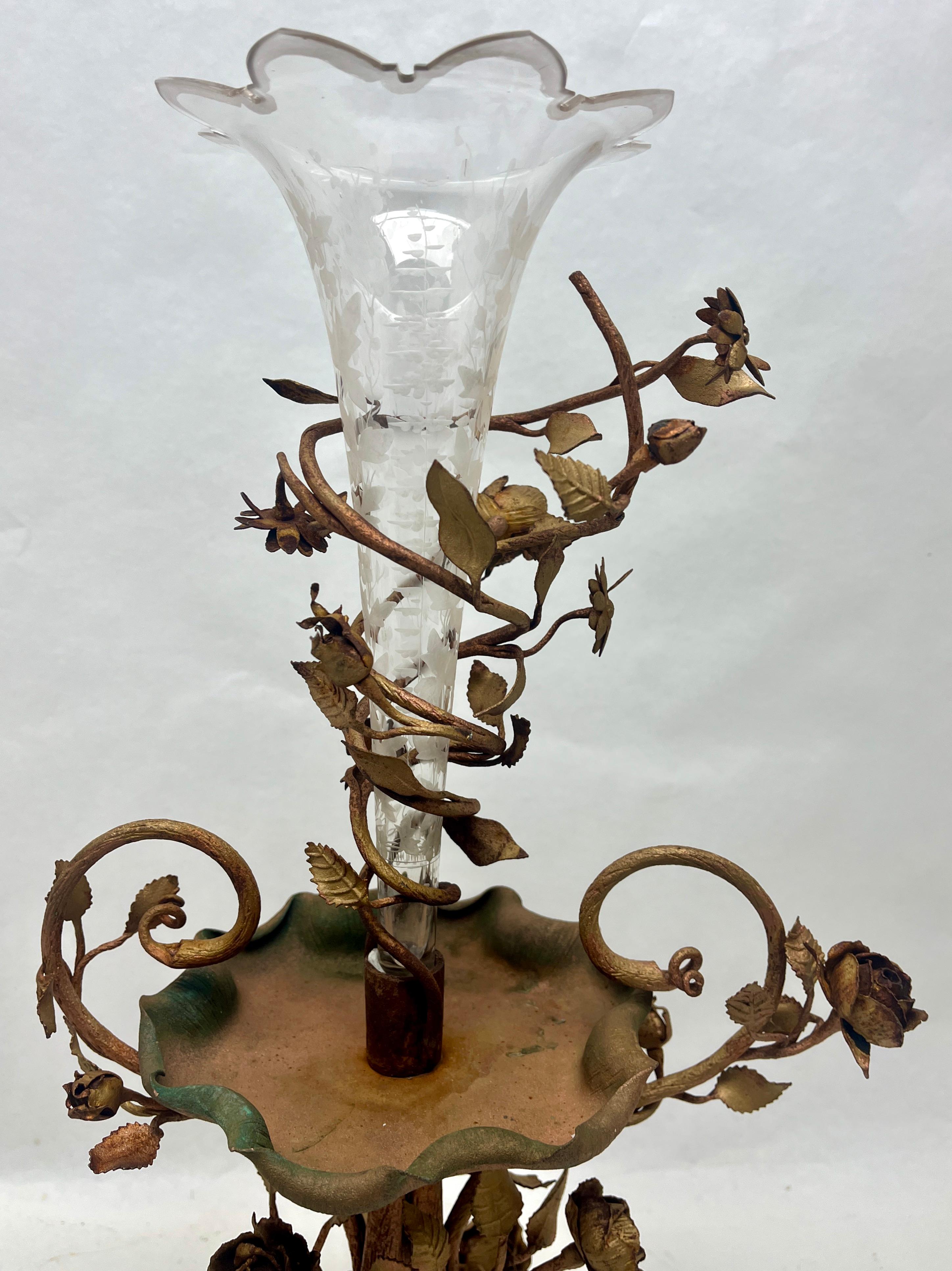 Forged Art Nouveau Centrepiece Crystal Trumpet stem Vase Engraved with Floral Motif