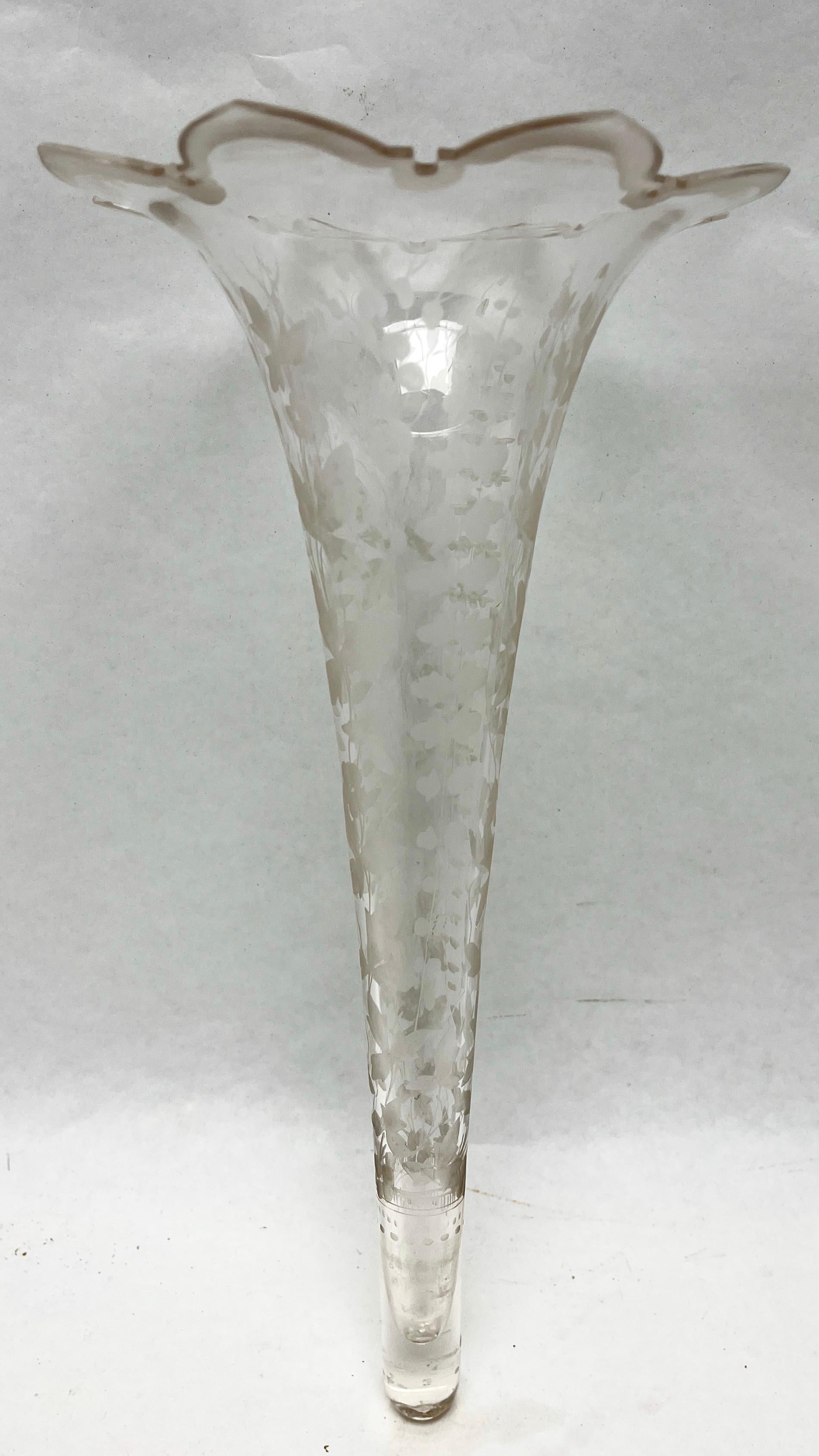 Mid-20th Century Art Nouveau Centrepiece Crystal Trumpet stem Vase Engraved with Floral Motif