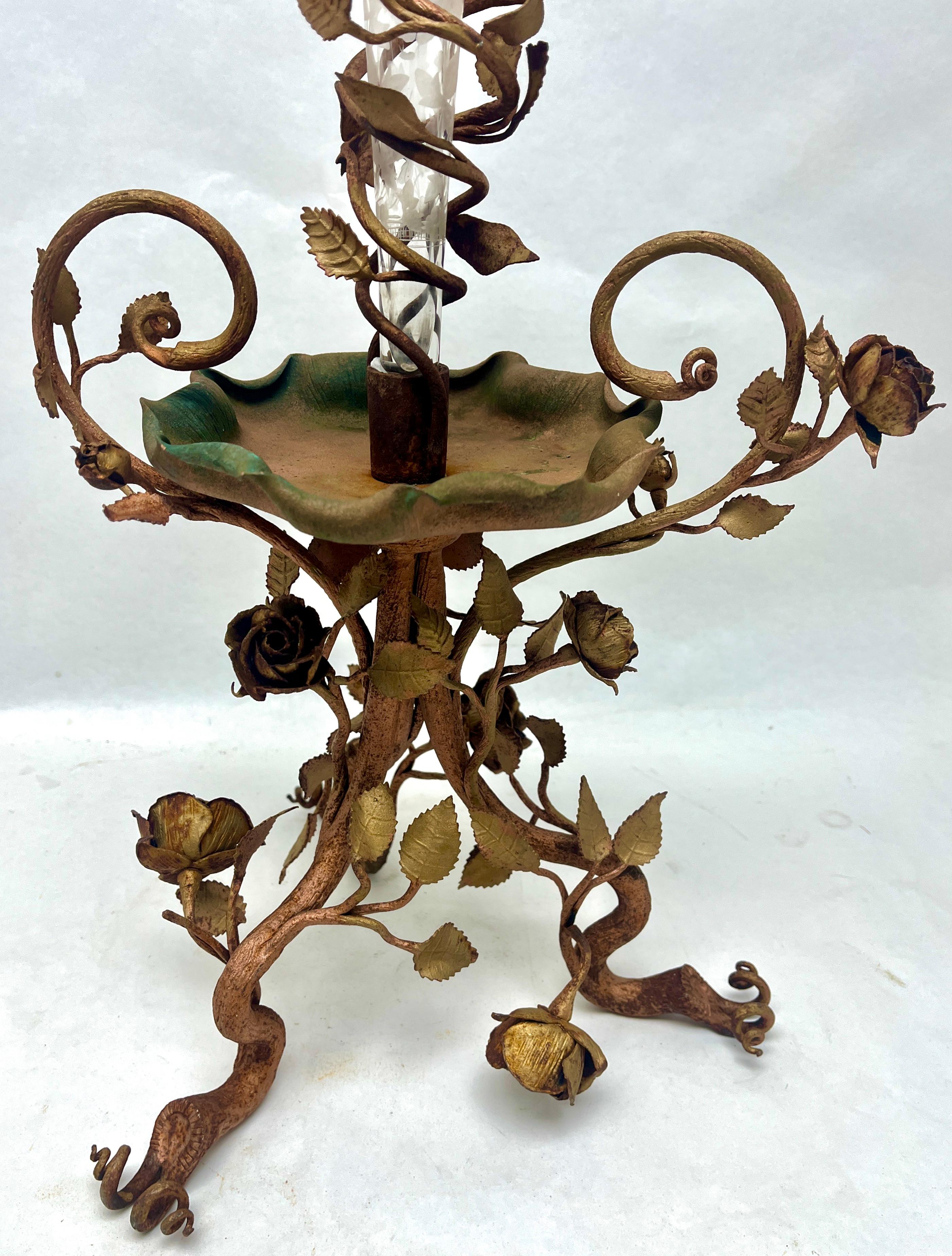 Metal Art Nouveau Centrepiece Crystal Trumpet stem Vase Engraved with Floral Motif