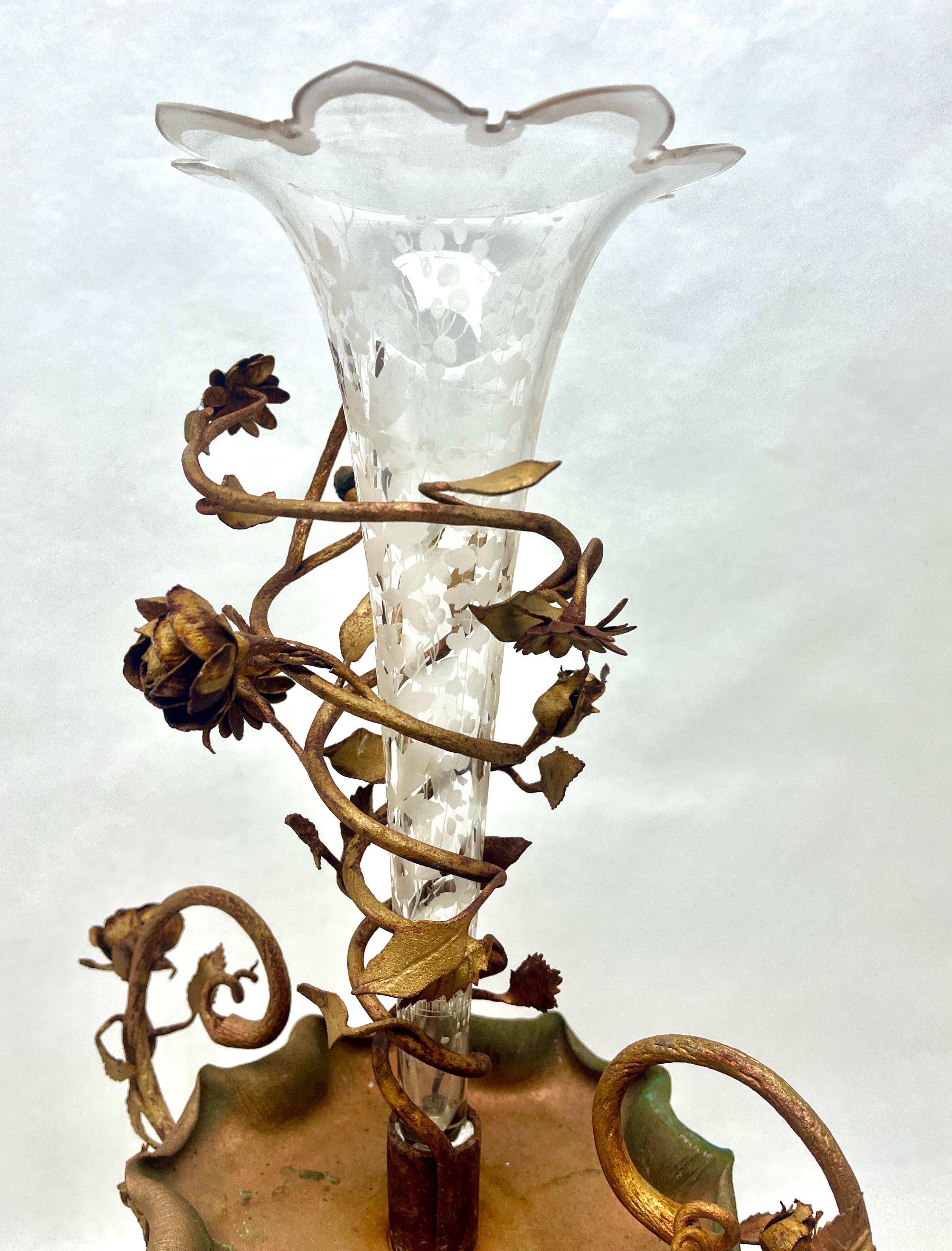 Art Nouveau Centrepiece Crystal Trumpet stem Vase Engraved with Floral Motif 2