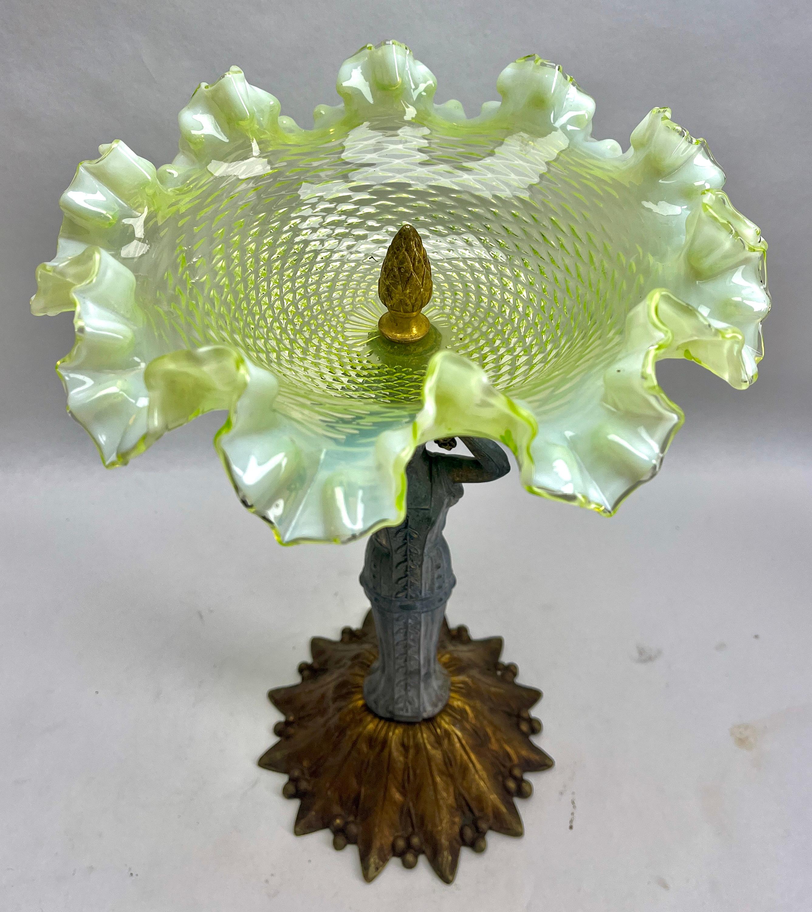 Art Glass Art Nouveau Centrepiece Vaseline Glass Bowl On base with Femine Decor For Sale