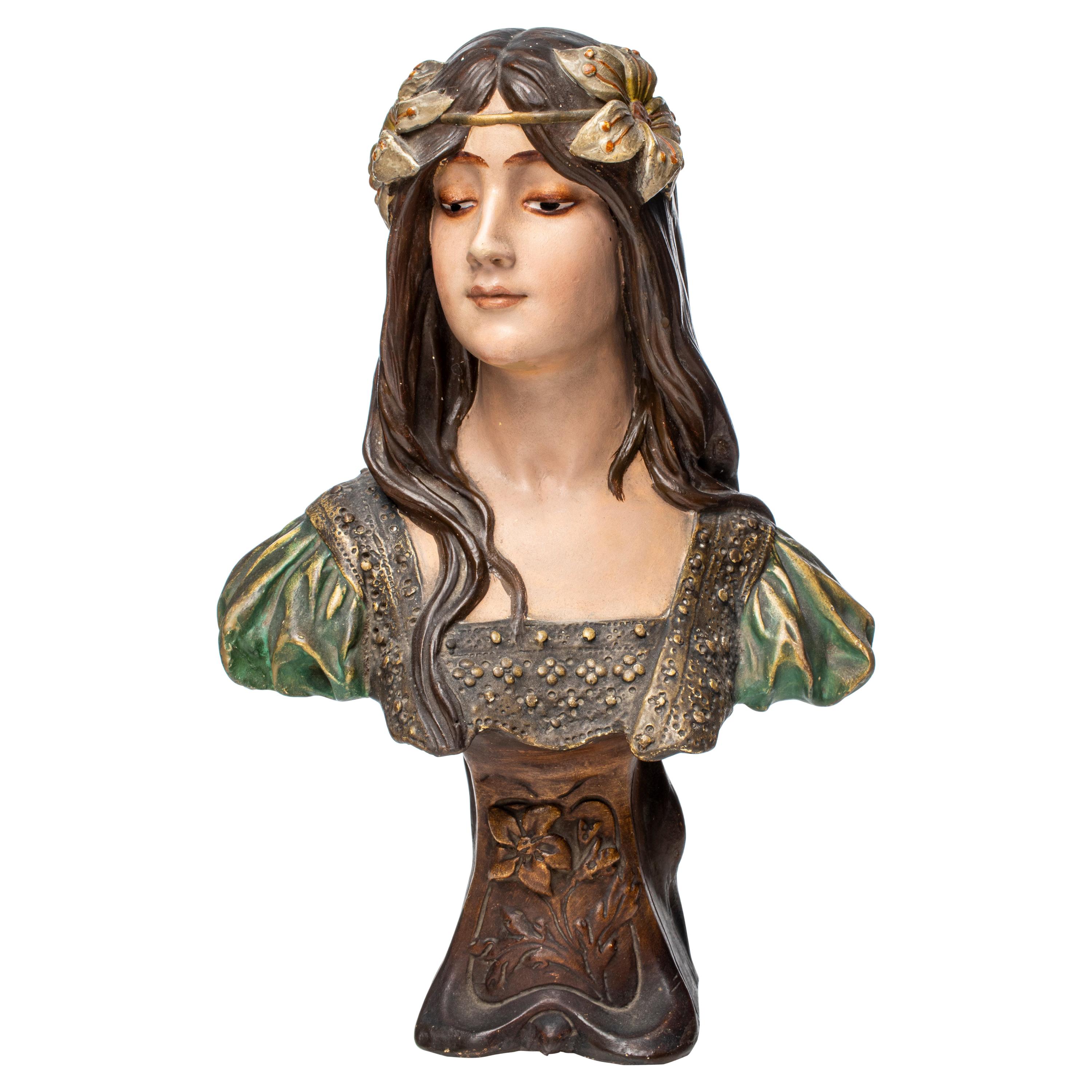Art Nouveau Ceramic Bust of a Maiden