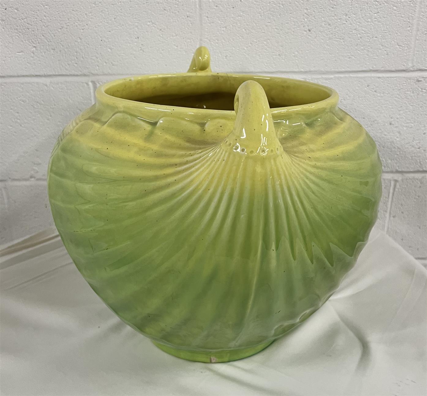 Beautiful Art Nouveau Ceramic Cachepot in Green and Yellow by SCI Laveno
Italy c. 1910
Designed by Christopher Dresser 