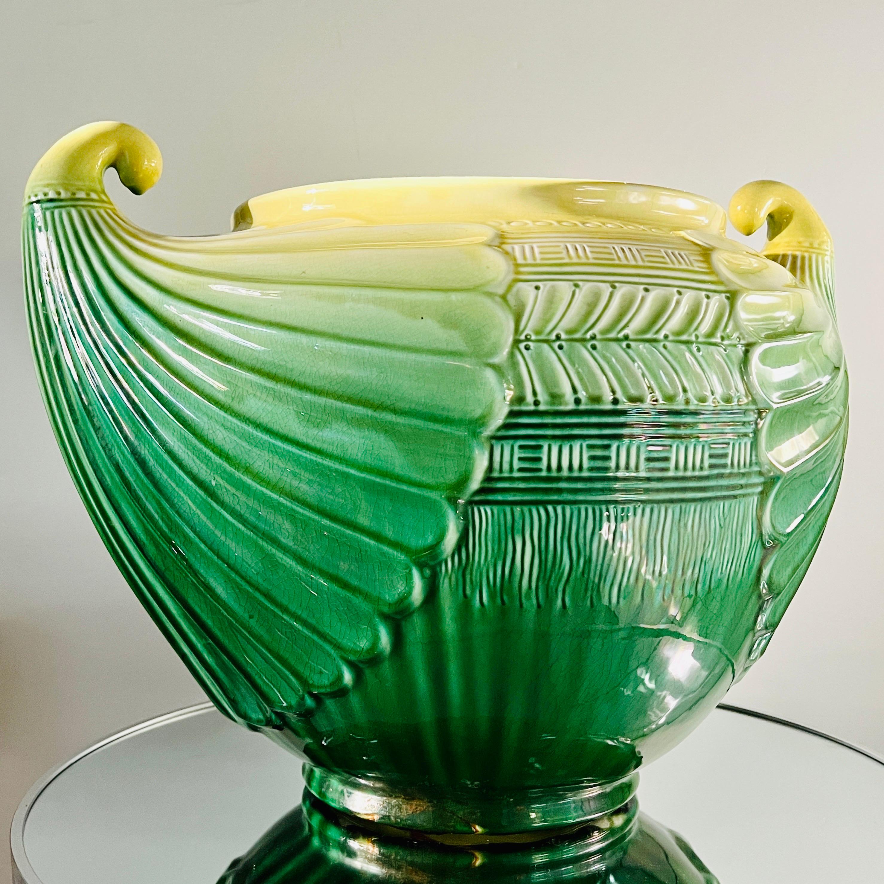 Italian Art Nouveau Ceramic Cachepot in Green and Yellow by SCI Laveno, Italy c. 1910