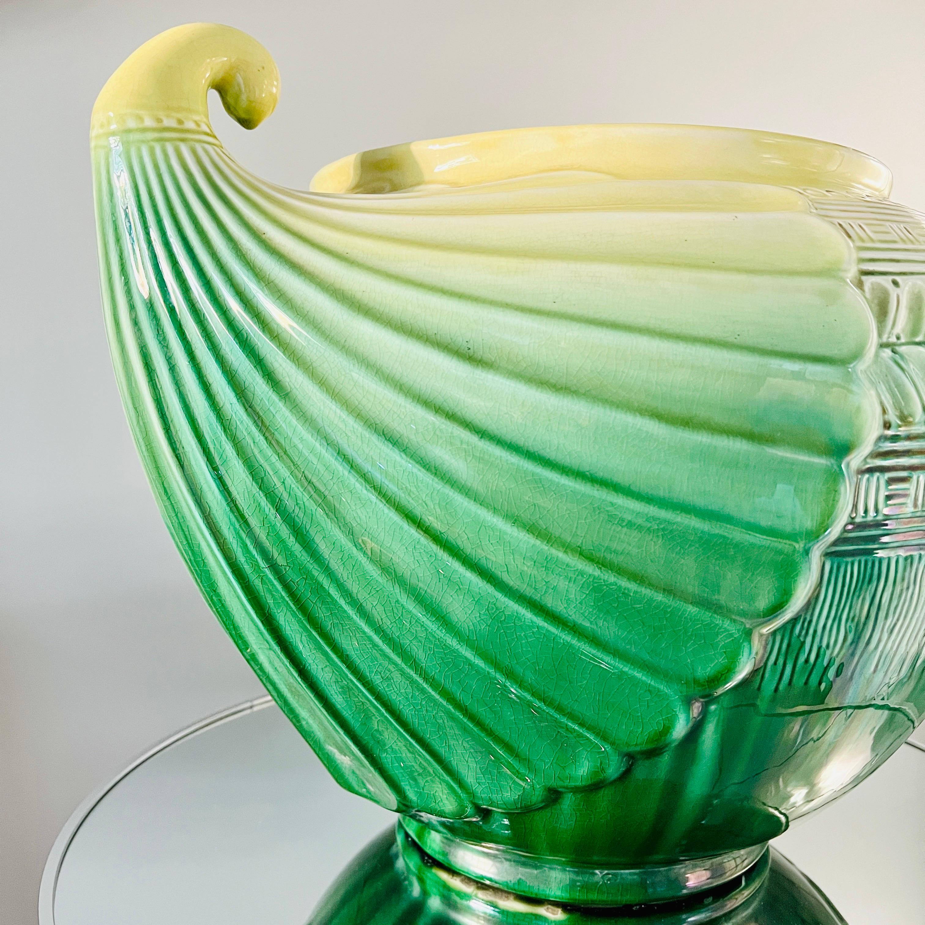 Glazed Art Nouveau Ceramic Cachepot in Green and Yellow by SCI Laveno, Italy c. 1910