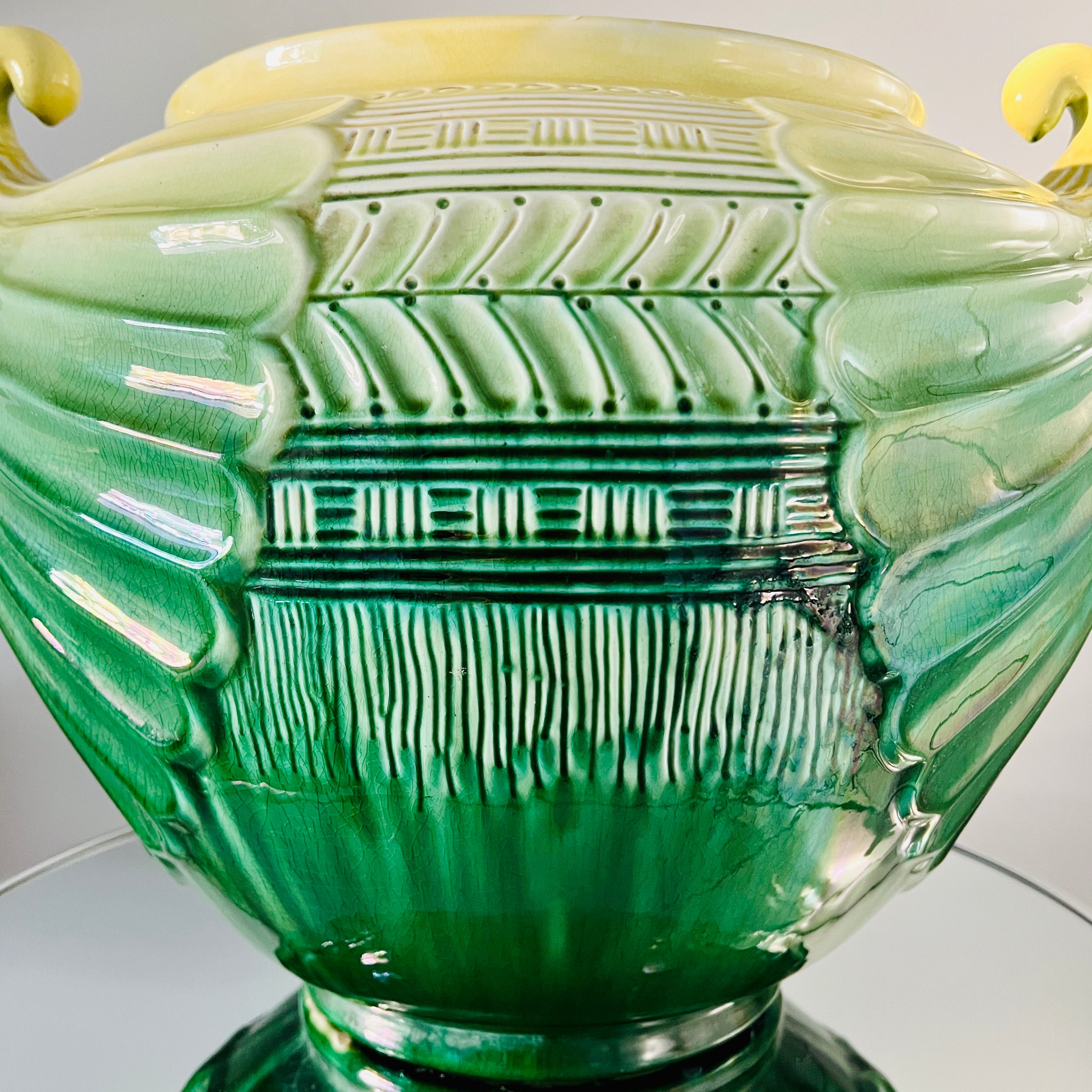 Art Nouveau Ceramic Cachepot in Green and Yellow by SCI Laveno, Italy c. 1910 In Good Condition In Fort Lauderdale, FL
