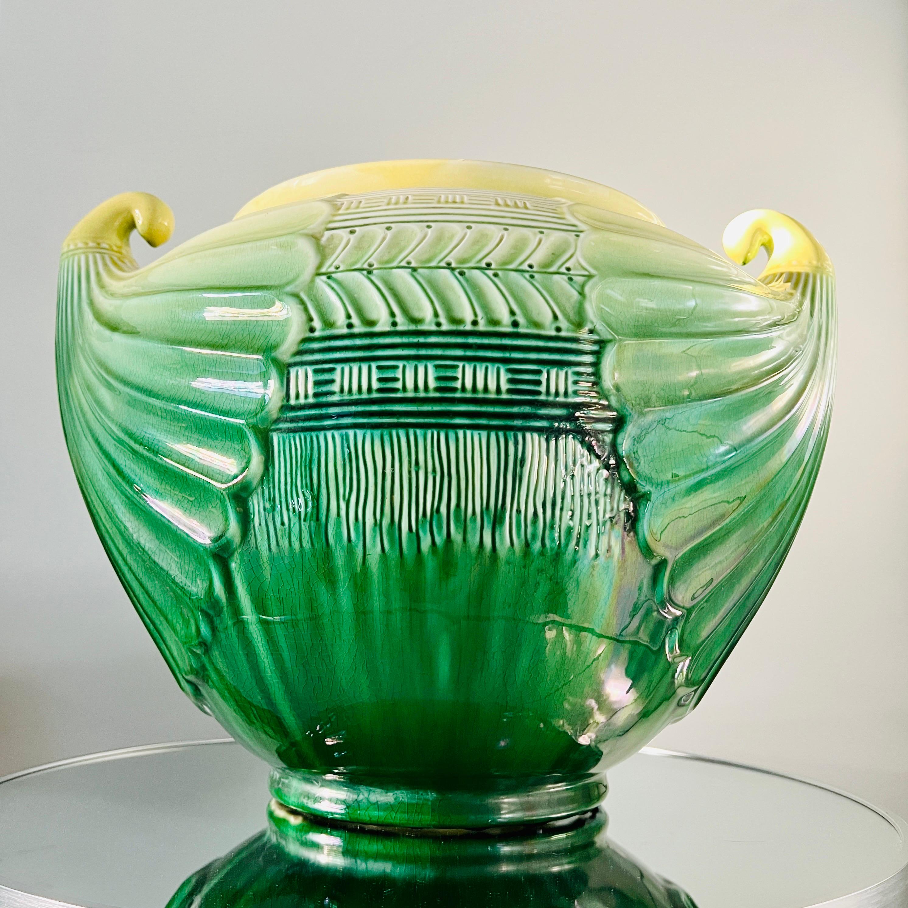 Art Nouveau Ceramic Cachepot in Green and Yellow by SCI Laveno, Italy c. 1910 1