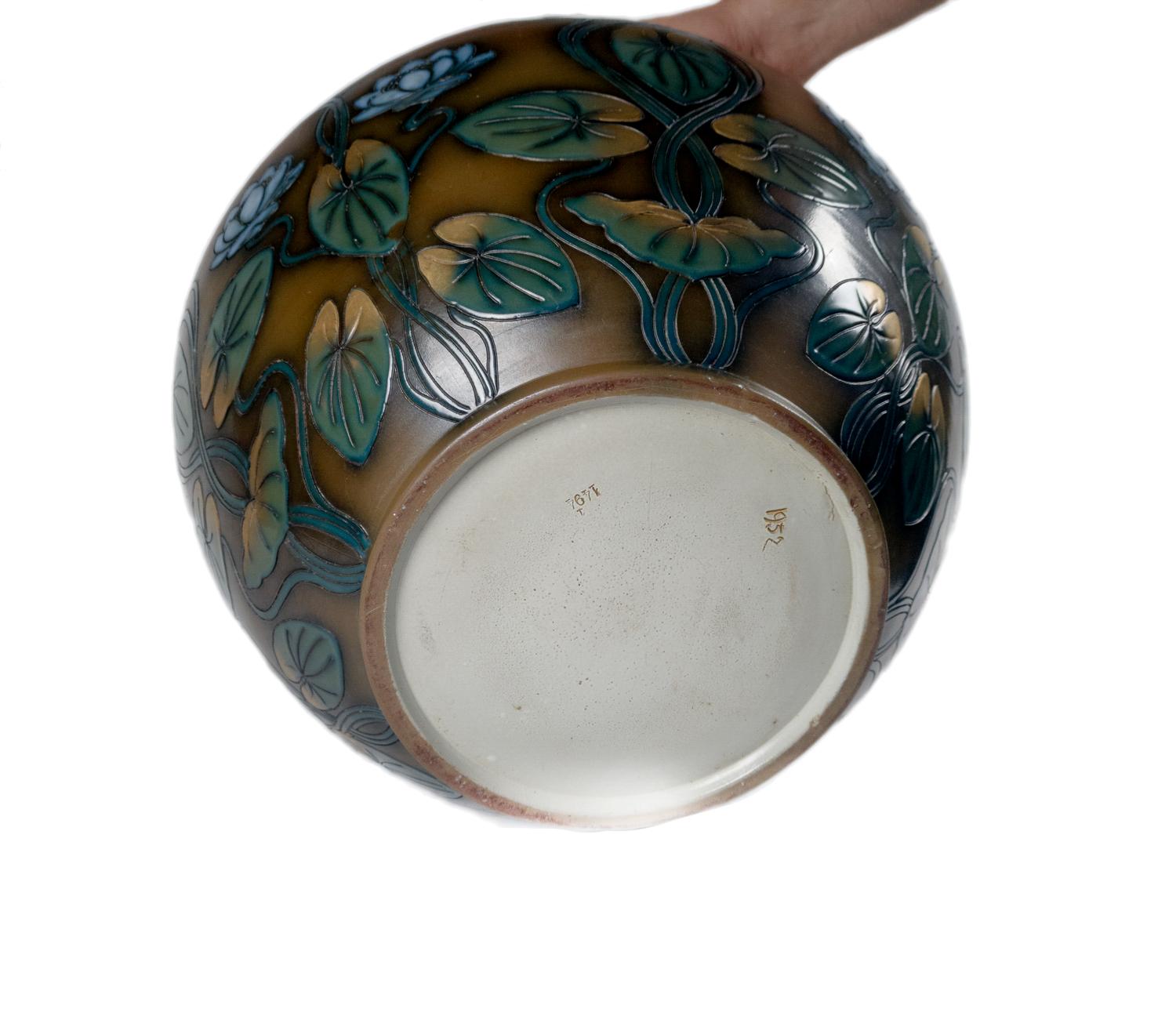 French Art Nouveau Ceramic Cachepot With Lotus Motif By Sarreguemines, 20th Century For Sale