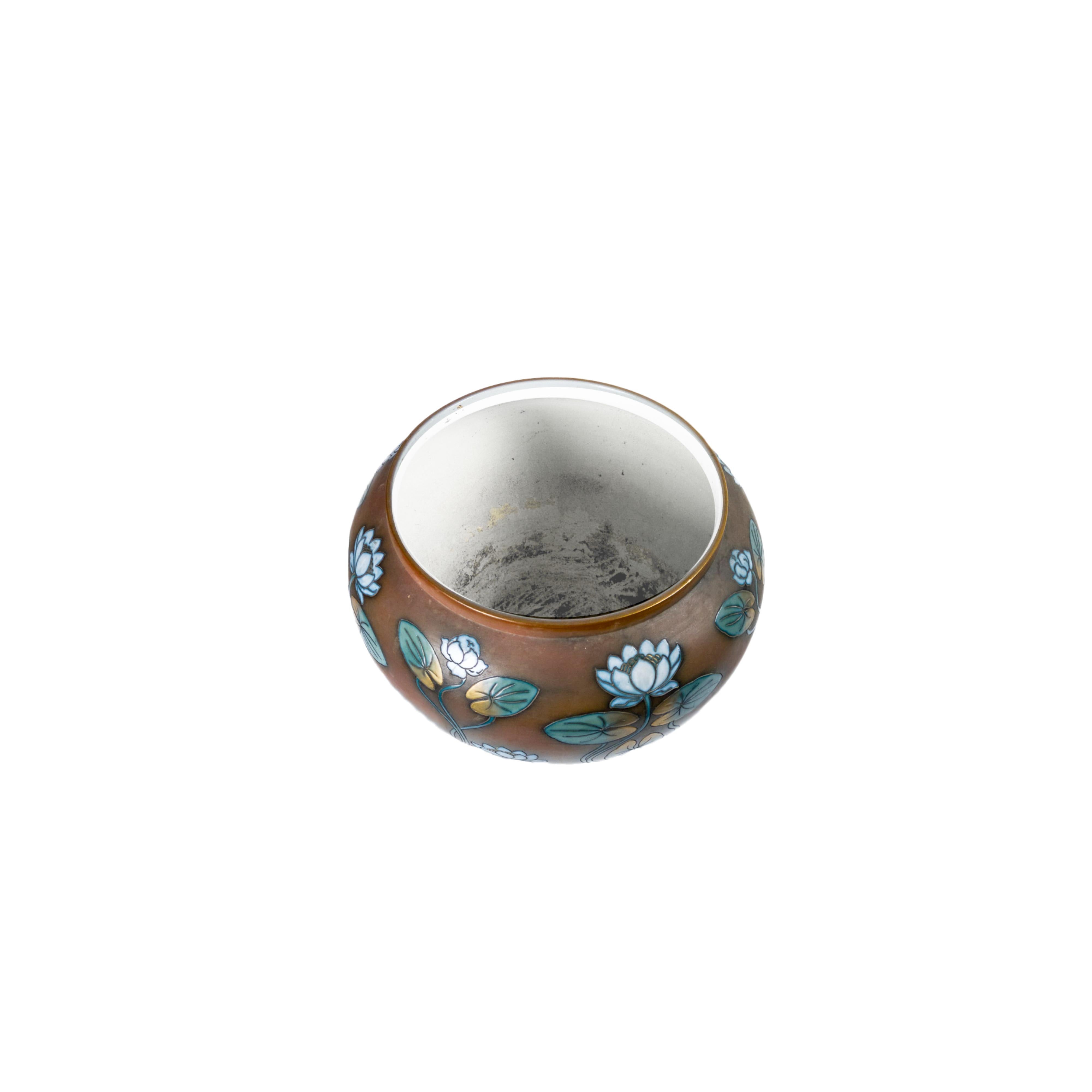 Hand-Painted Art Nouveau Ceramic Cachepot With Lotus Motif By Sarreguemines, 20th Century For Sale