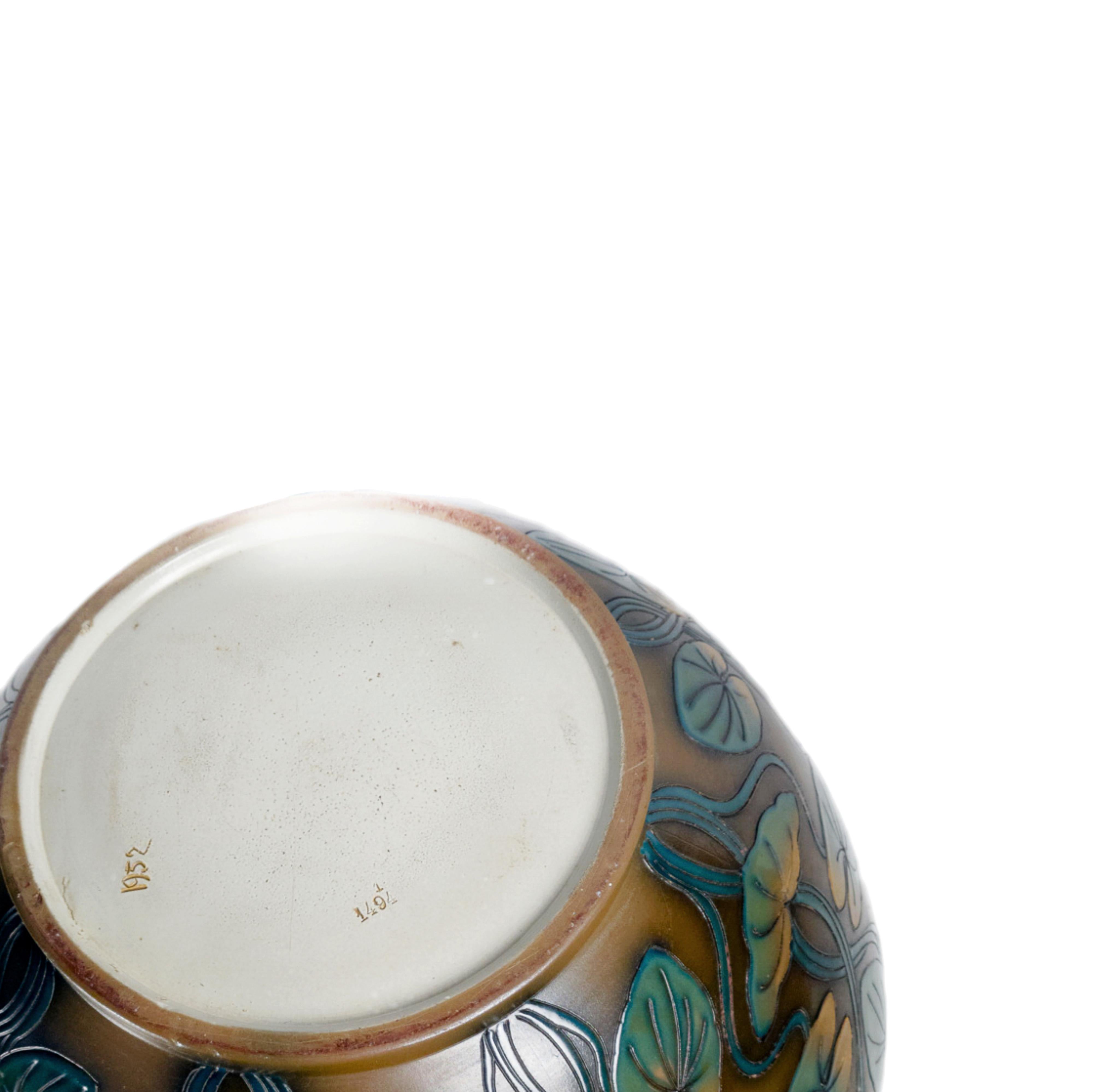 Pottery Art Nouveau Ceramic Cachepot With Lotus Motif By Sarreguemines, 20th Century For Sale