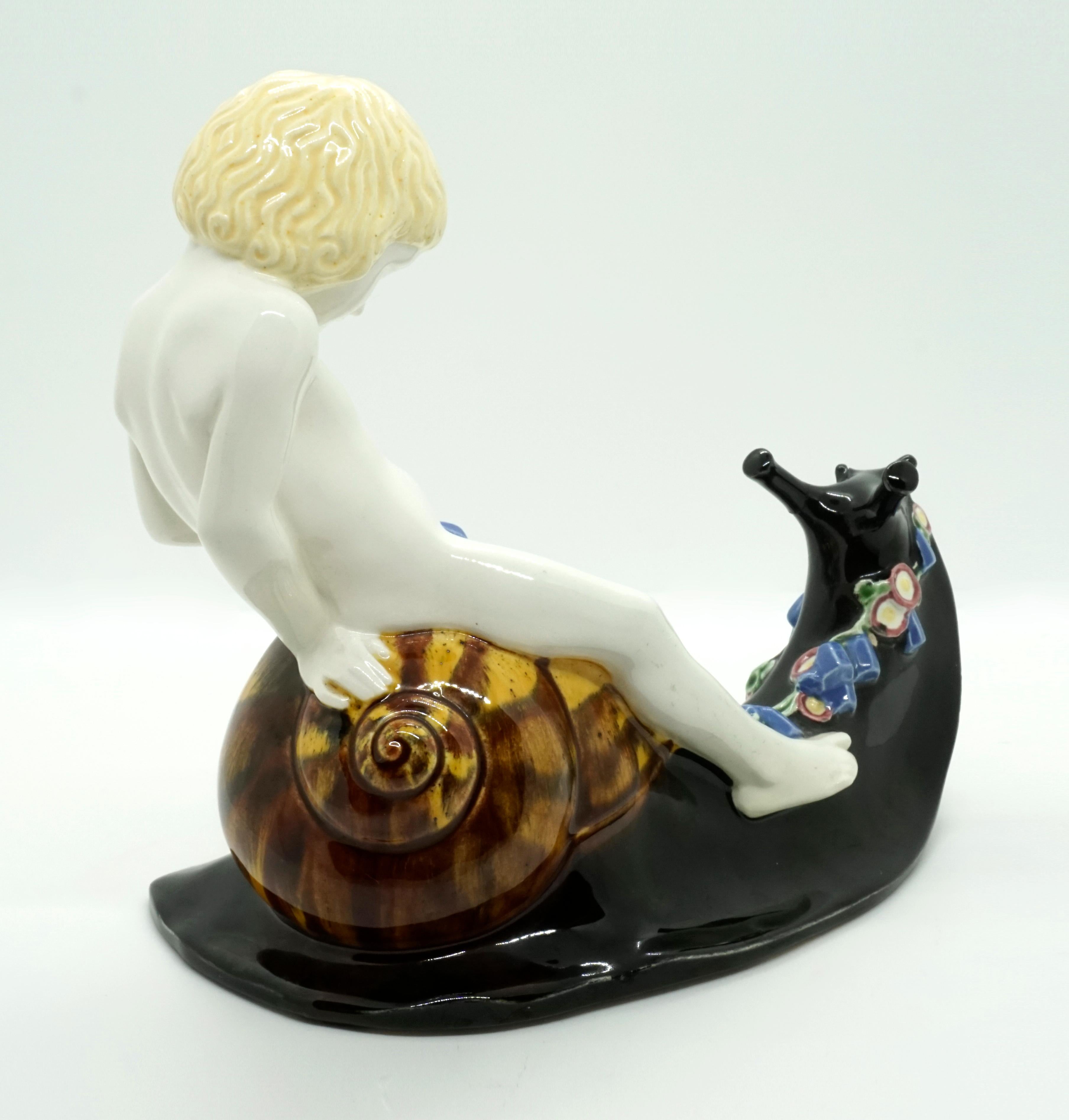 Austrian Art Nouveau Ceramic Figure 'Snail Rider' by Michael Powolny, Vienna, 1913-1917