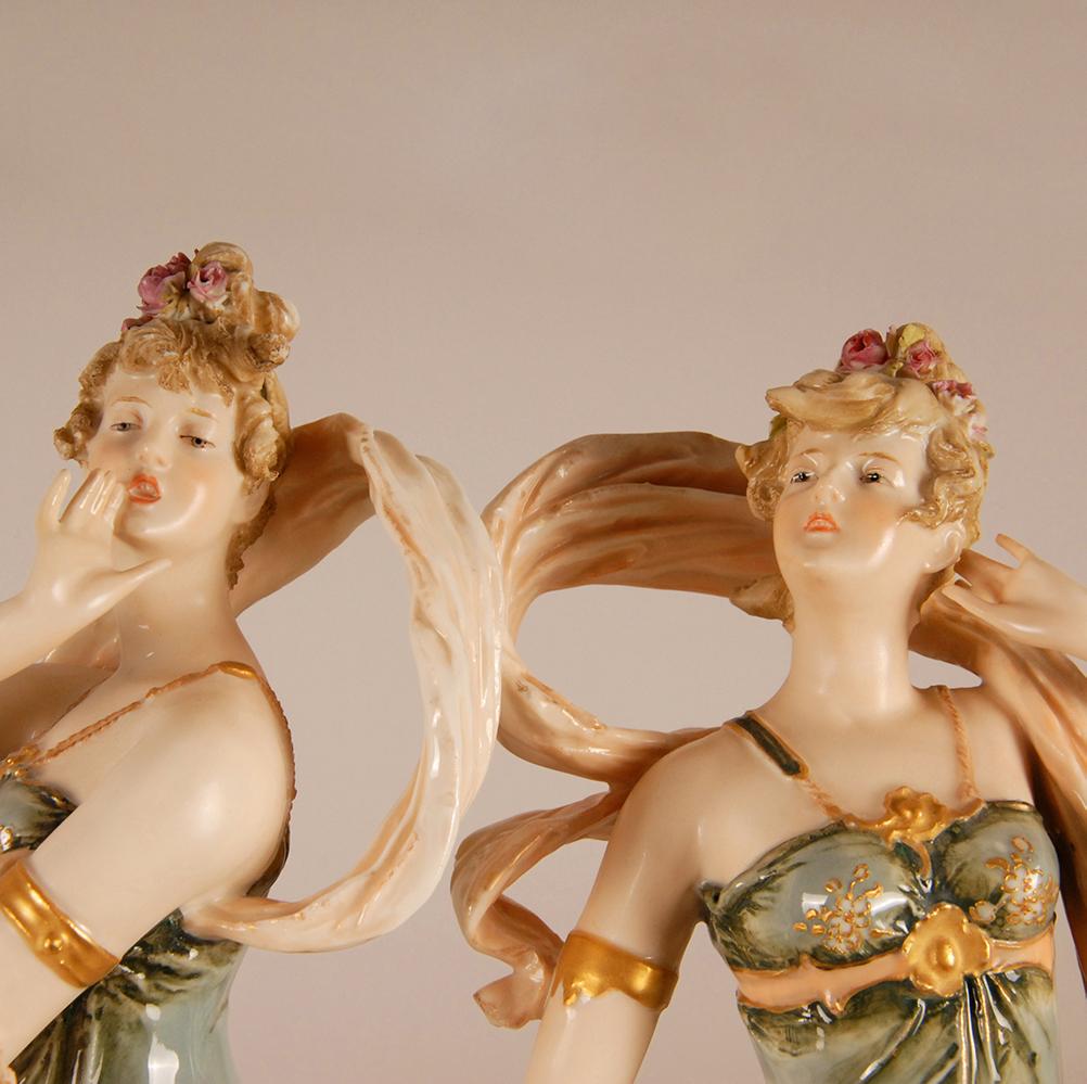 Hand-Crafted Art Nouveau Ceramic Figurines Rstk Amphora Austria Turn Teplitz For Sale