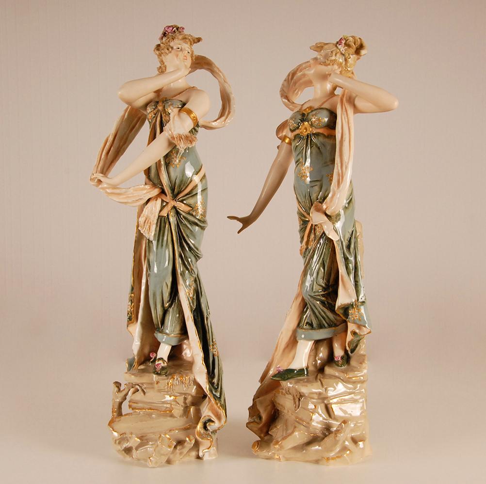 19th Century Art Nouveau Ceramic Figurines Rstk Amphora Austria Turn Teplitz For Sale